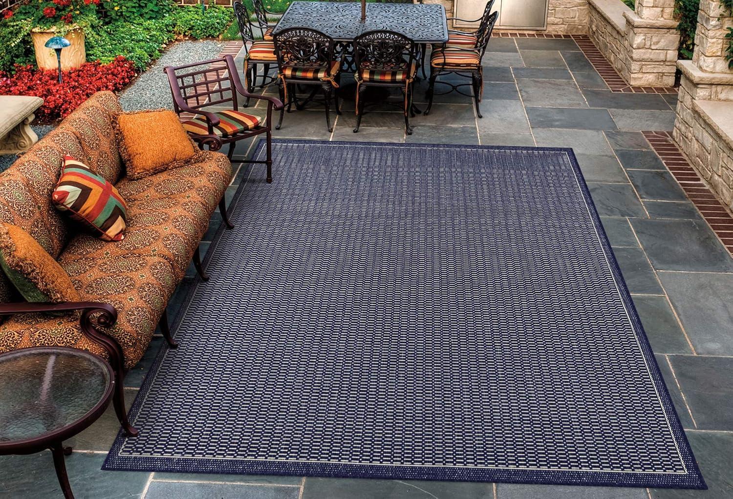Couristan Recife Checkered Field Indoor / Outdoor Area Rug, Ivory- Indigo Blue, 7'6" Square