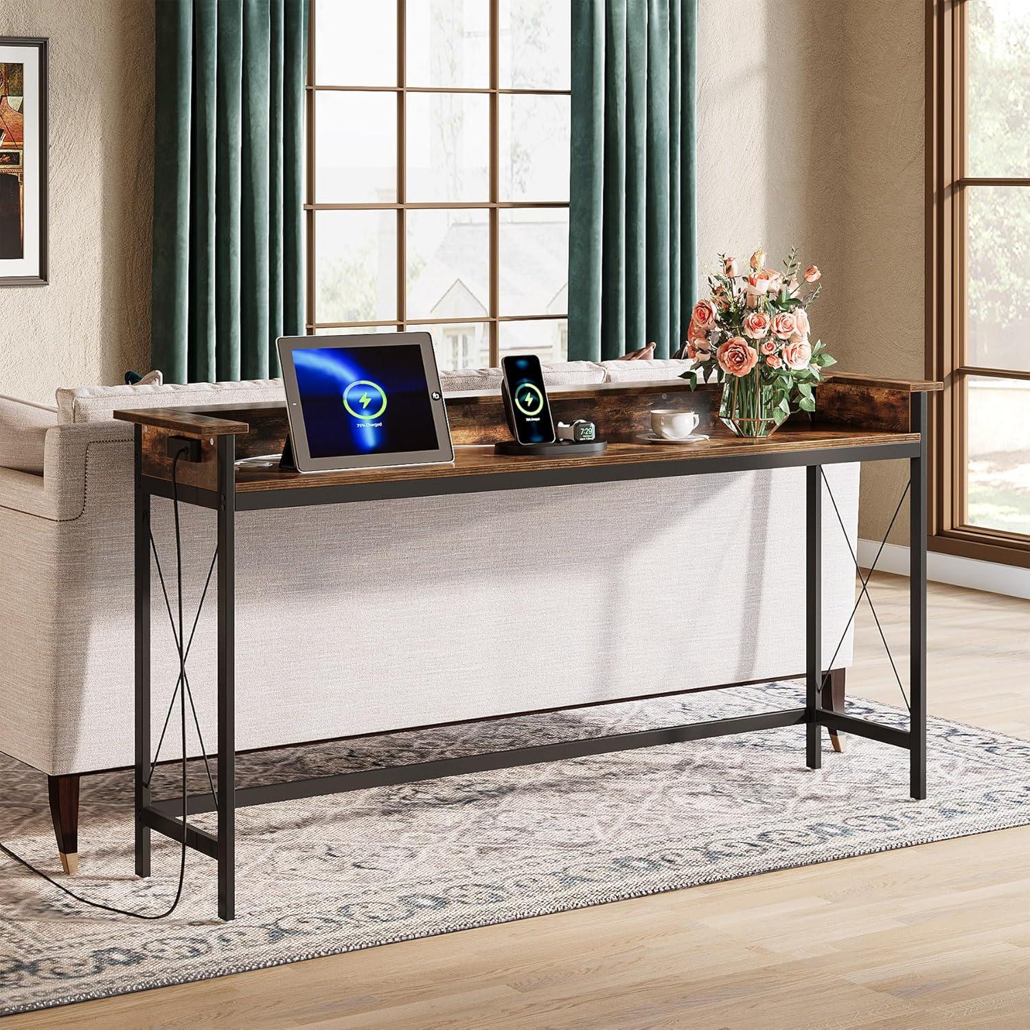 Tribesigns Sofa Table with Outlets and USB Ports, 70.9 inch Extra Long Console Table Behind Couch Brown