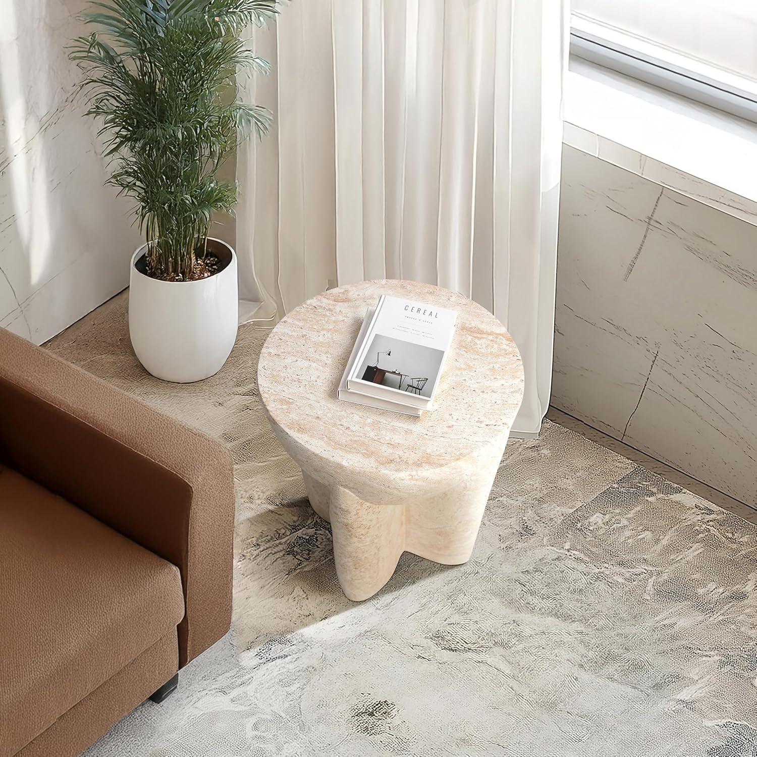 Abstract Travertine Stone Finish Round Side Accent Table