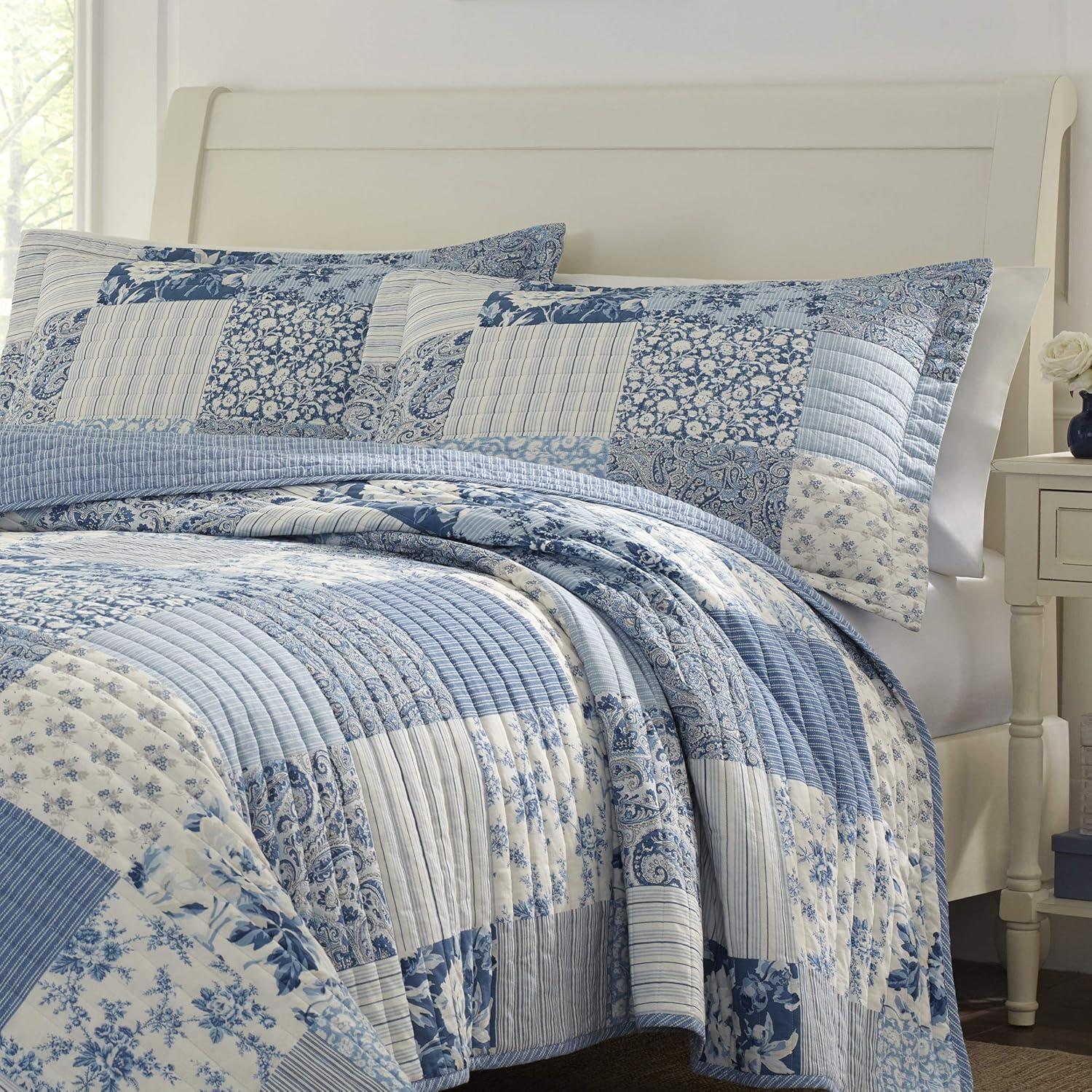 Laura Ashley Paisley Patchwork Cotton Reversible Blue Quilt Set