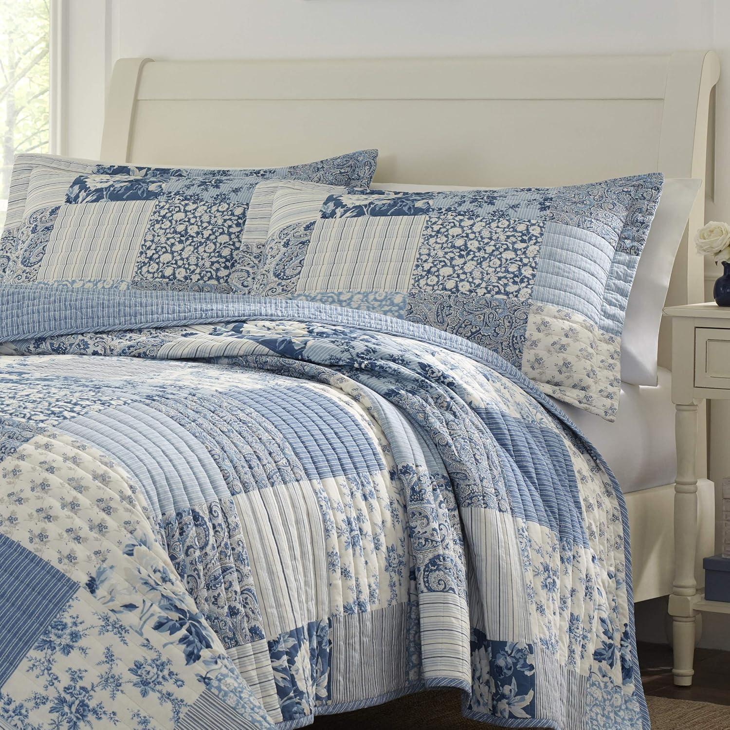 Laura Ashley Laura Ashley Paisley Patchwork Cotton Reversible Blue Quilt Set