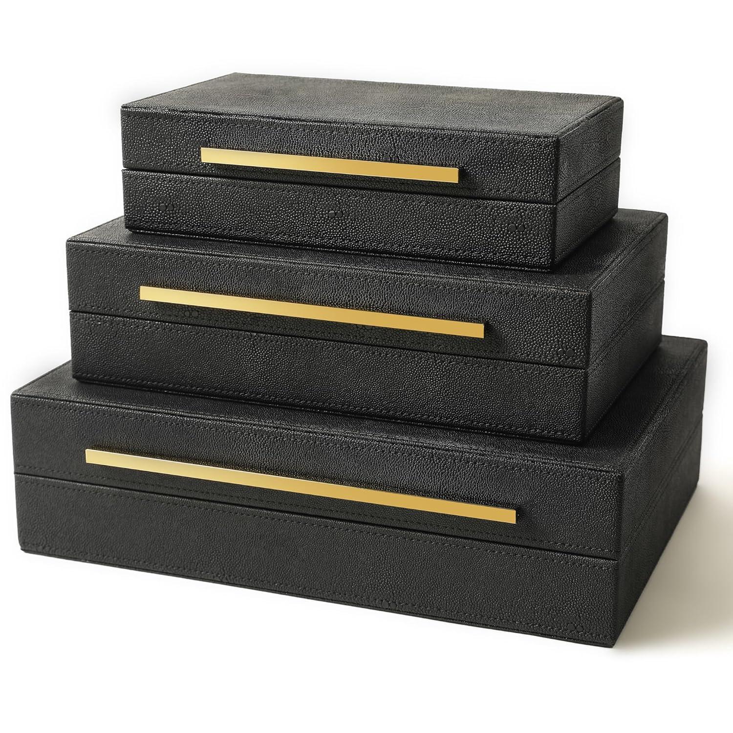 Faux  Leather Decorative Jewelry Storage Nesting Organizer Boxes with Lids Gold Handle Set of 3, Black
