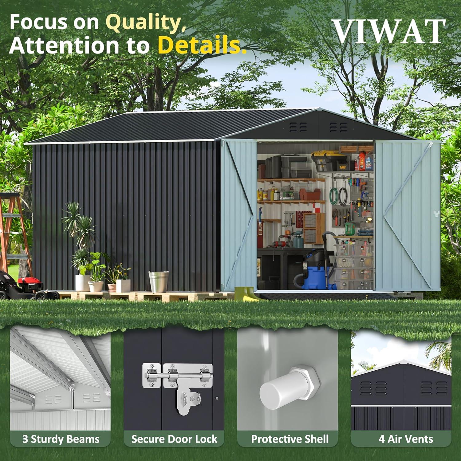 NETAJE 8'x12' Outdoor Metal Storage Shed with Upgraded Frame and Lockable Doors for Backyard, Garden, Lawn, Brown