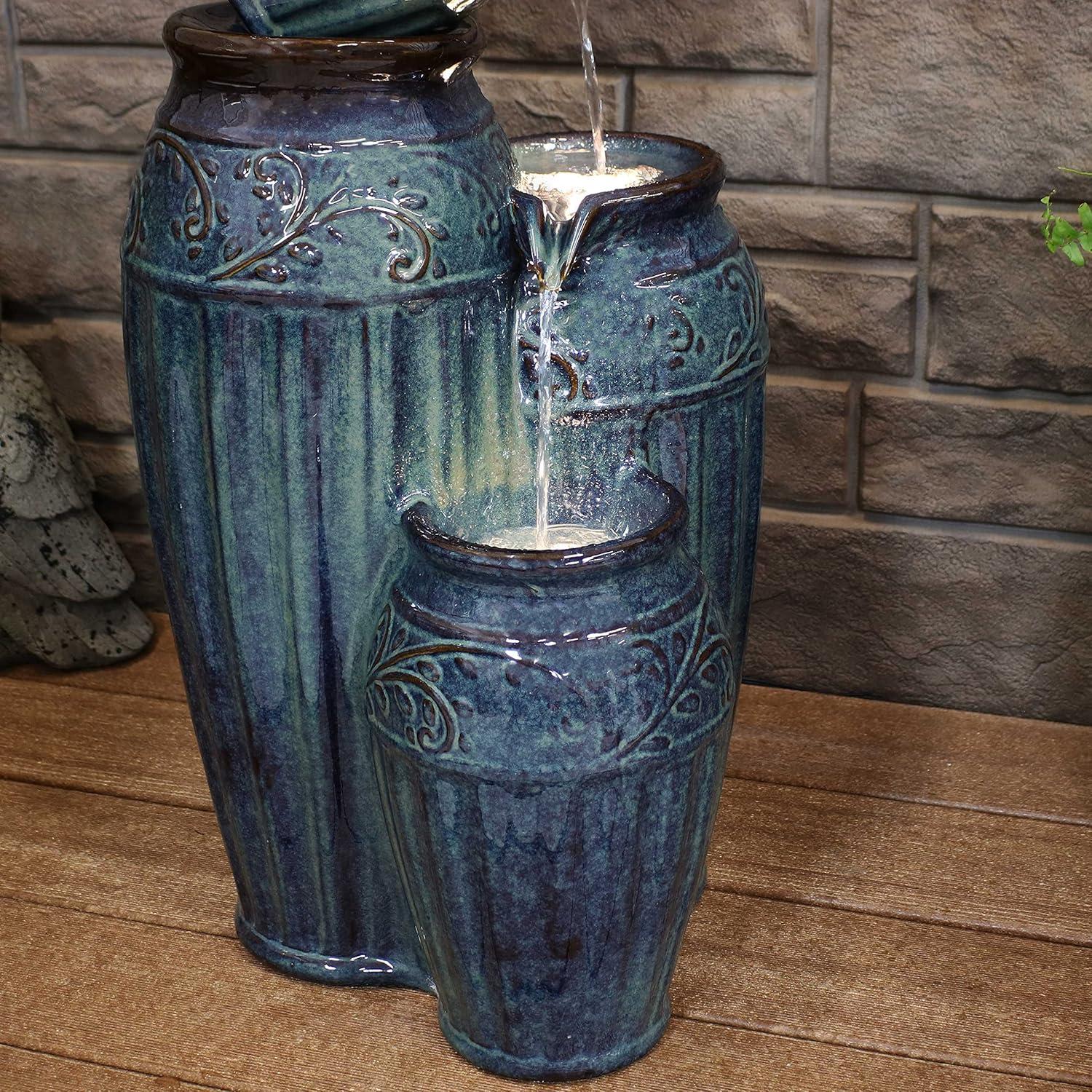 Sunnydaze 27"H Electric Ceramic Dark Turquoise Tour de Vase Outdoor Water Fountain with LED Lights