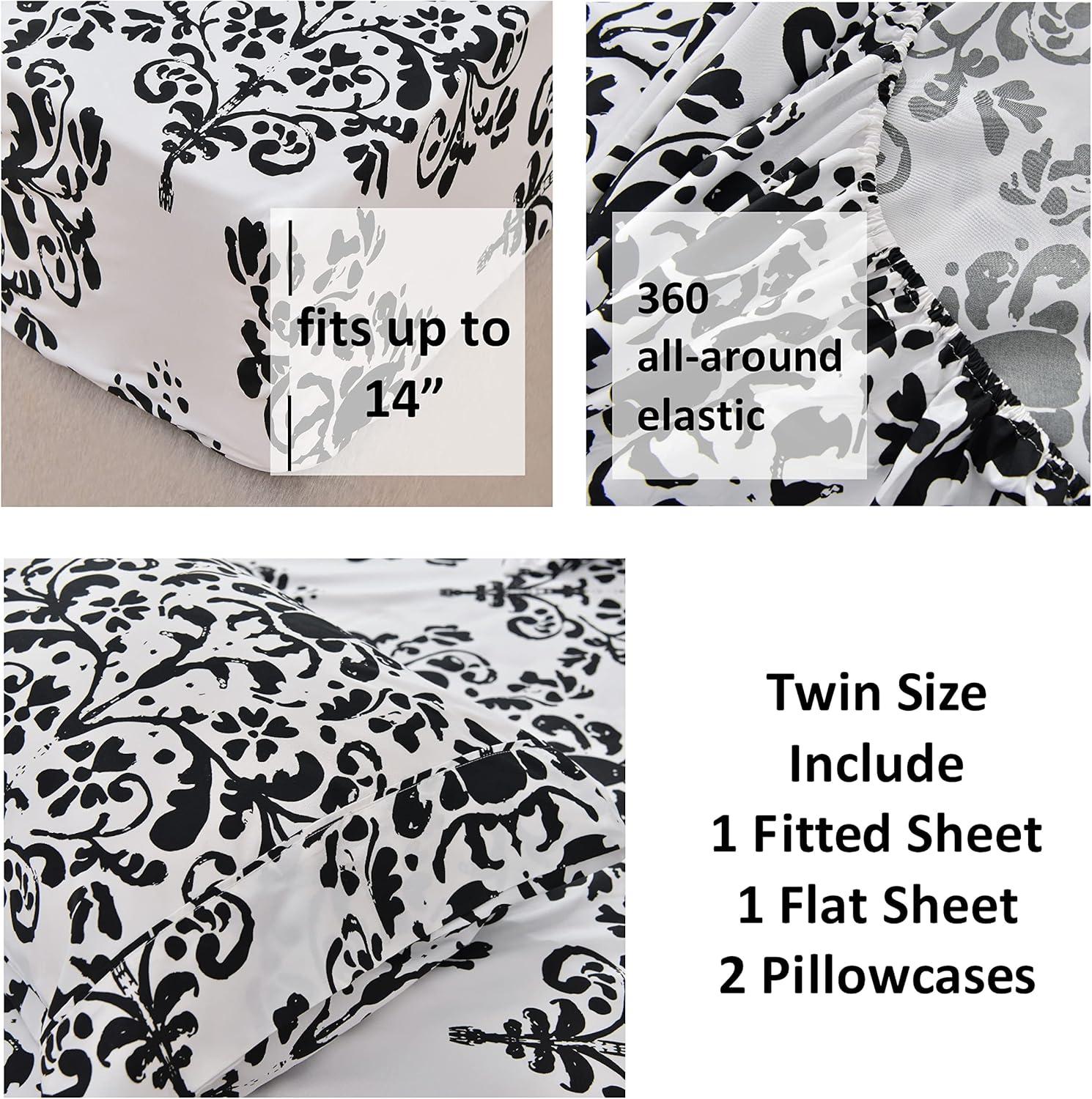 American Home Collection Black White Damask Bed Sheet Set Ultra Soft Twin King