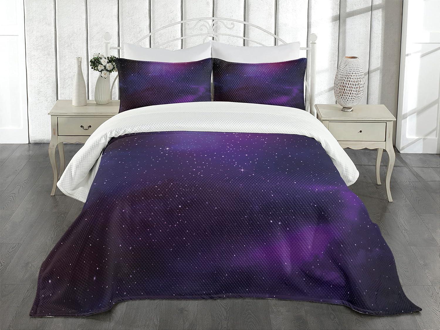 Ambesonne Sky Bedspread Set 3 Pcs Galaxy Themed Nebula Star Queen Purple Pink Black