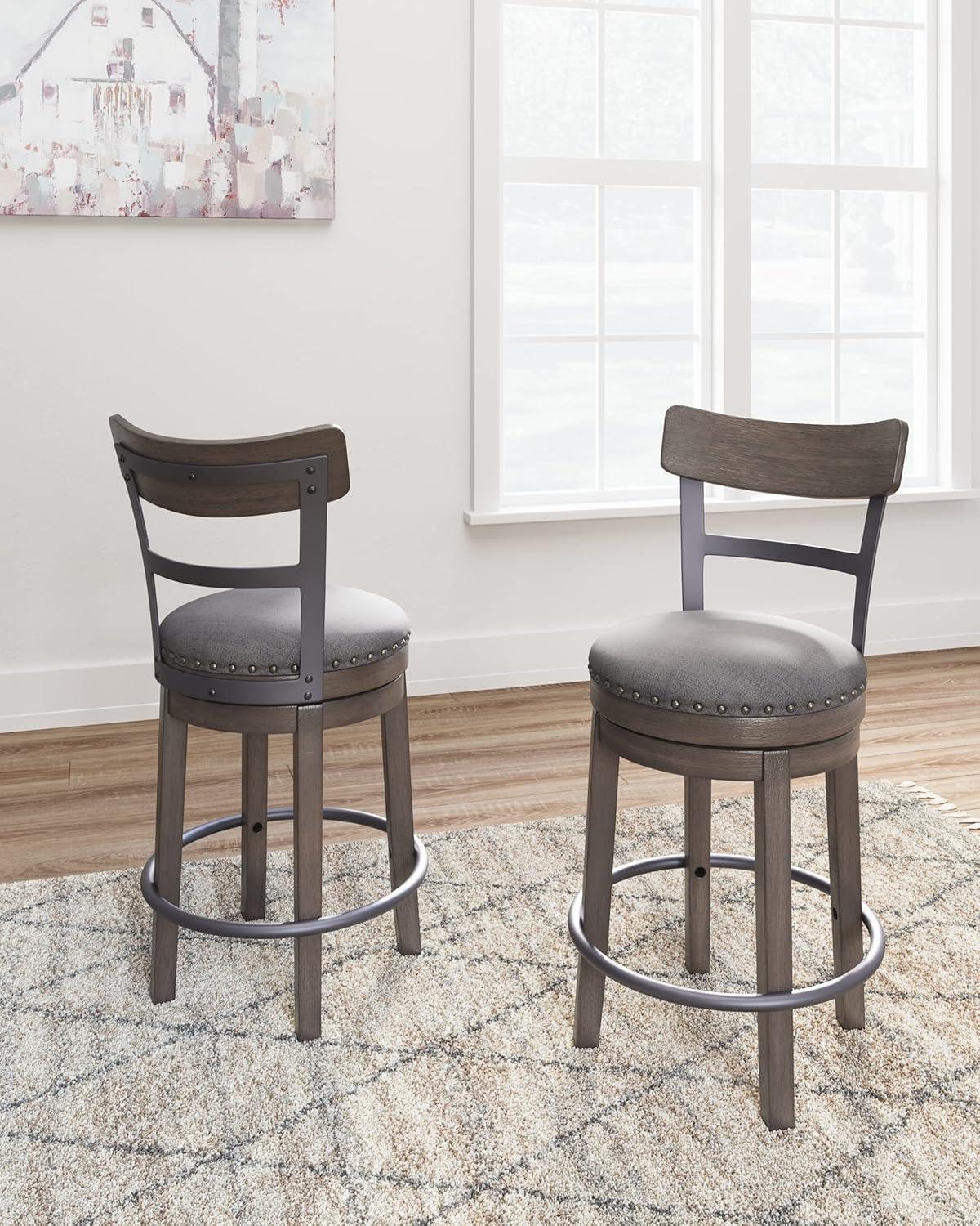 Gray Medium Wood and Metal Swivel Bar Stool with Nailhead Trim