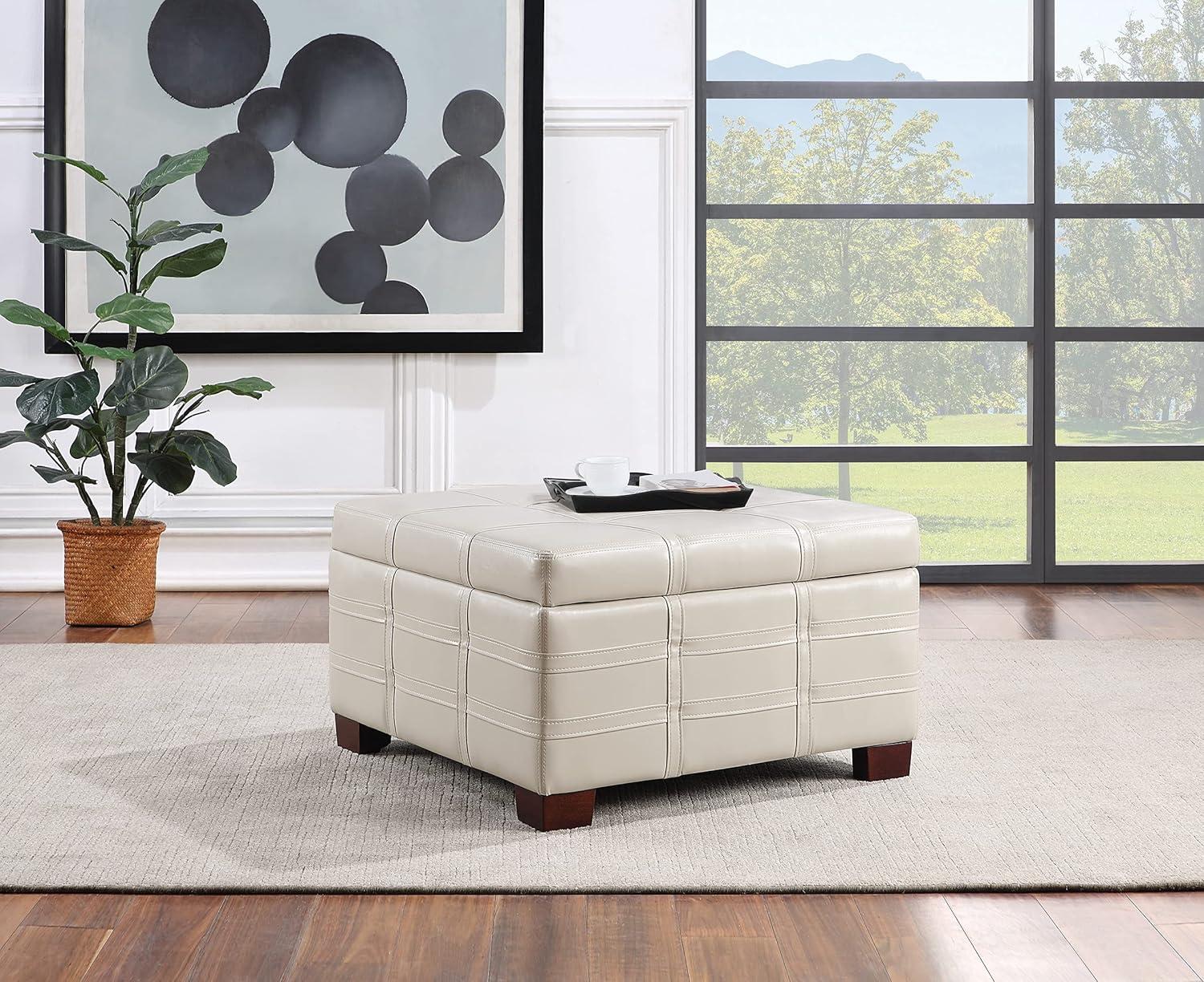 Detour Strap Square Storage Ottoman in Cream Faux Leather