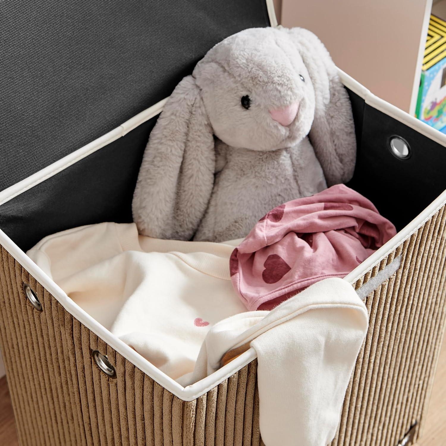 Danya B. Collapsible Folding Corduroy Kids' Laundry Hamper Toy Storage Brown with Dog Lid