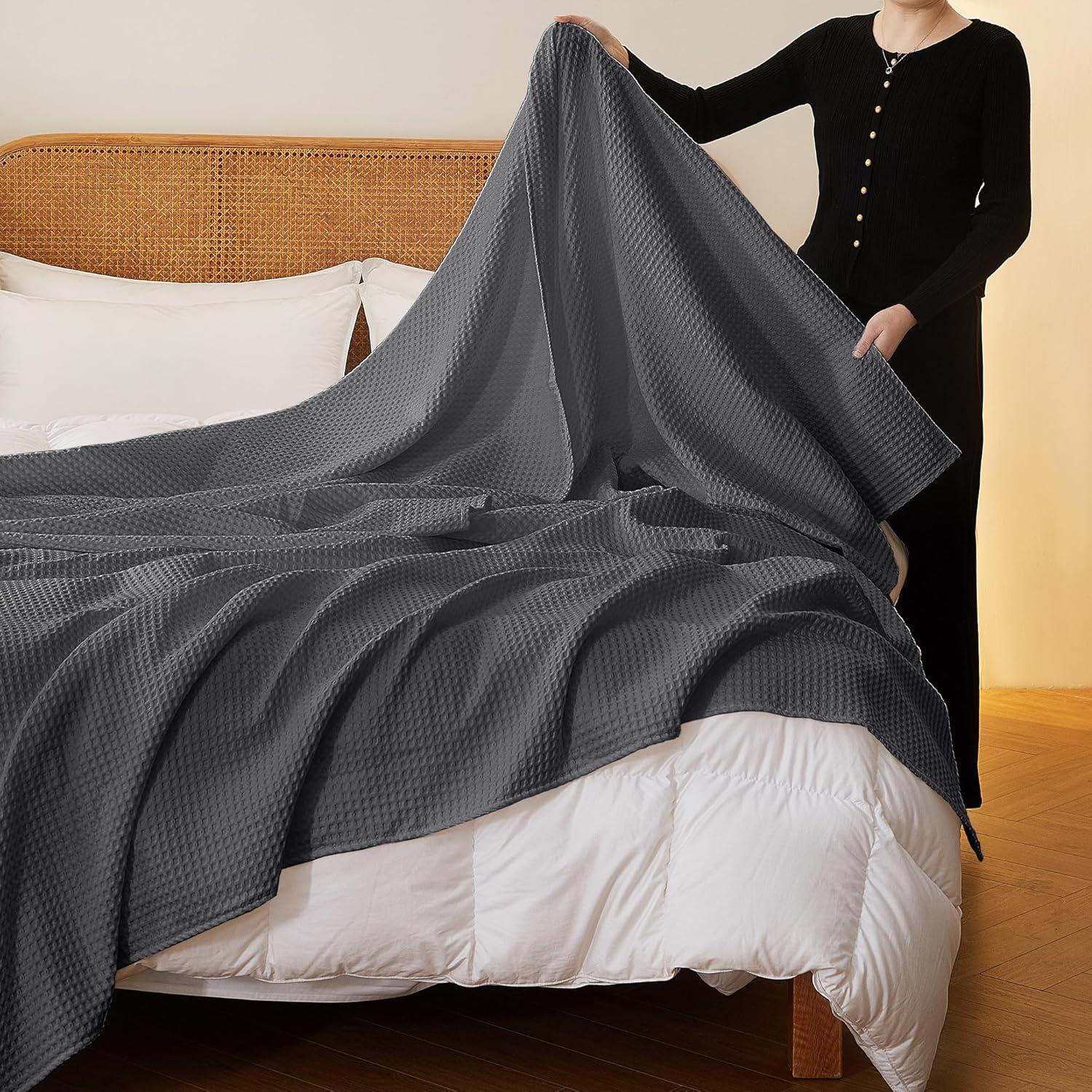 Shunjie.Home 100% Cotton Waffle Bed Blanket Queen Size, Throw Blanket for Couch All Seasons (White, 90x90)
