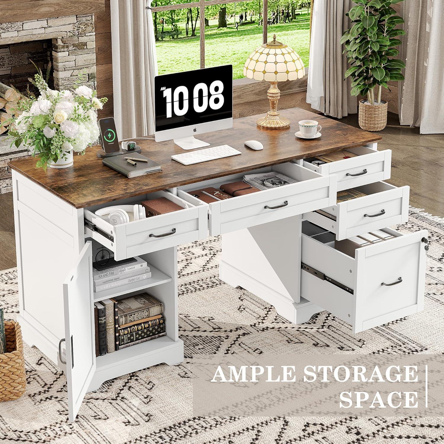 August Grove® 55'' Farmhouse Executive Desk with Drawers, File Cabinet and Power Outlets