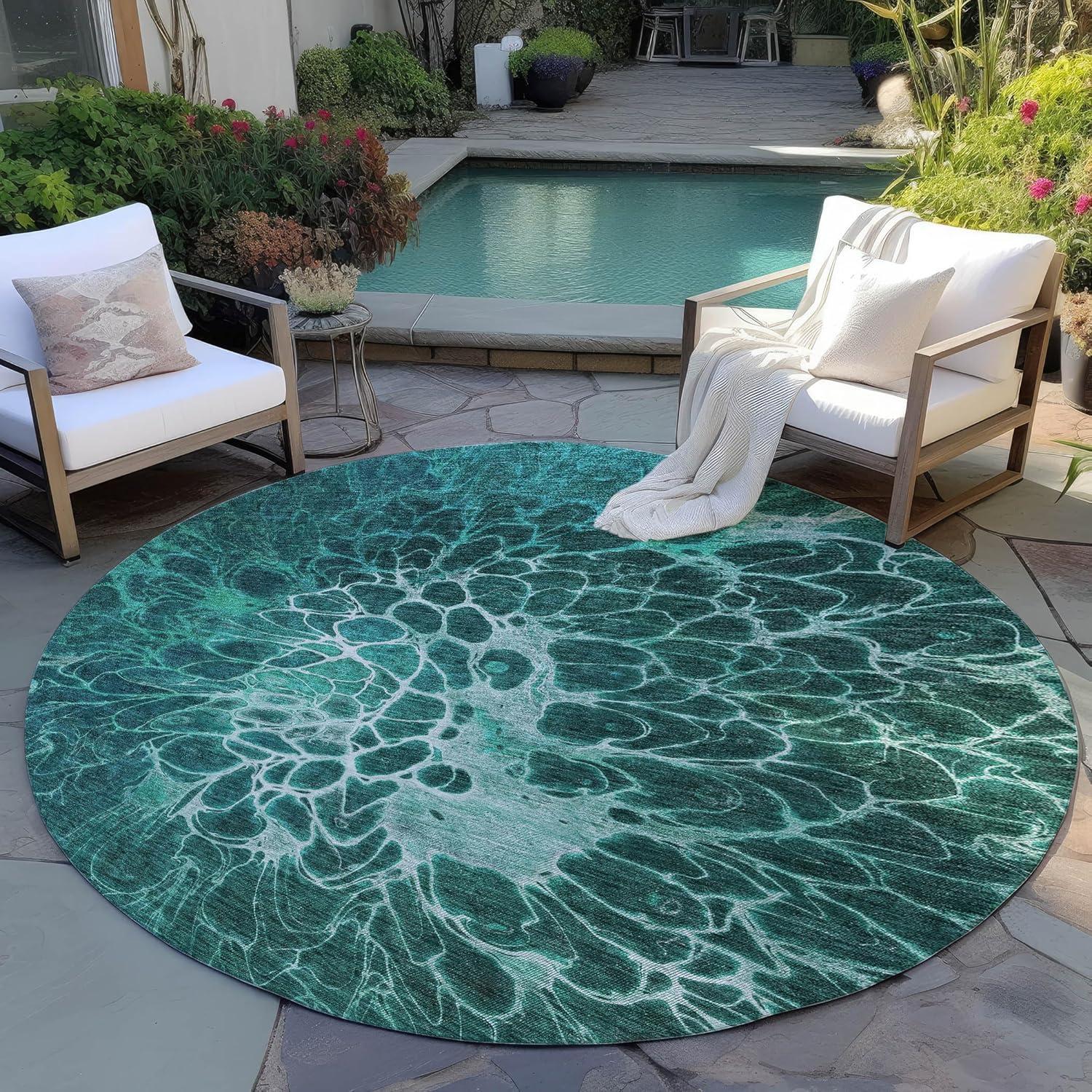 Teal Synthetic Round 8' Washable Non-slip Area Rug