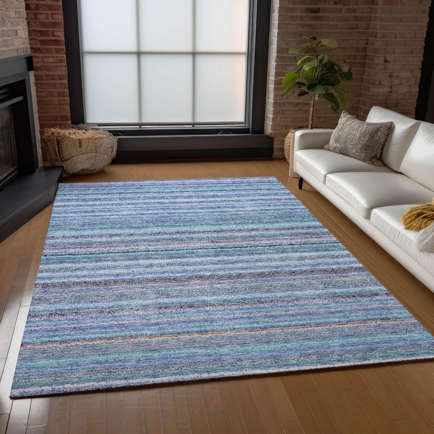 Sky Blue Striped Synthetic Washable Reversible Rug 3' x 5'