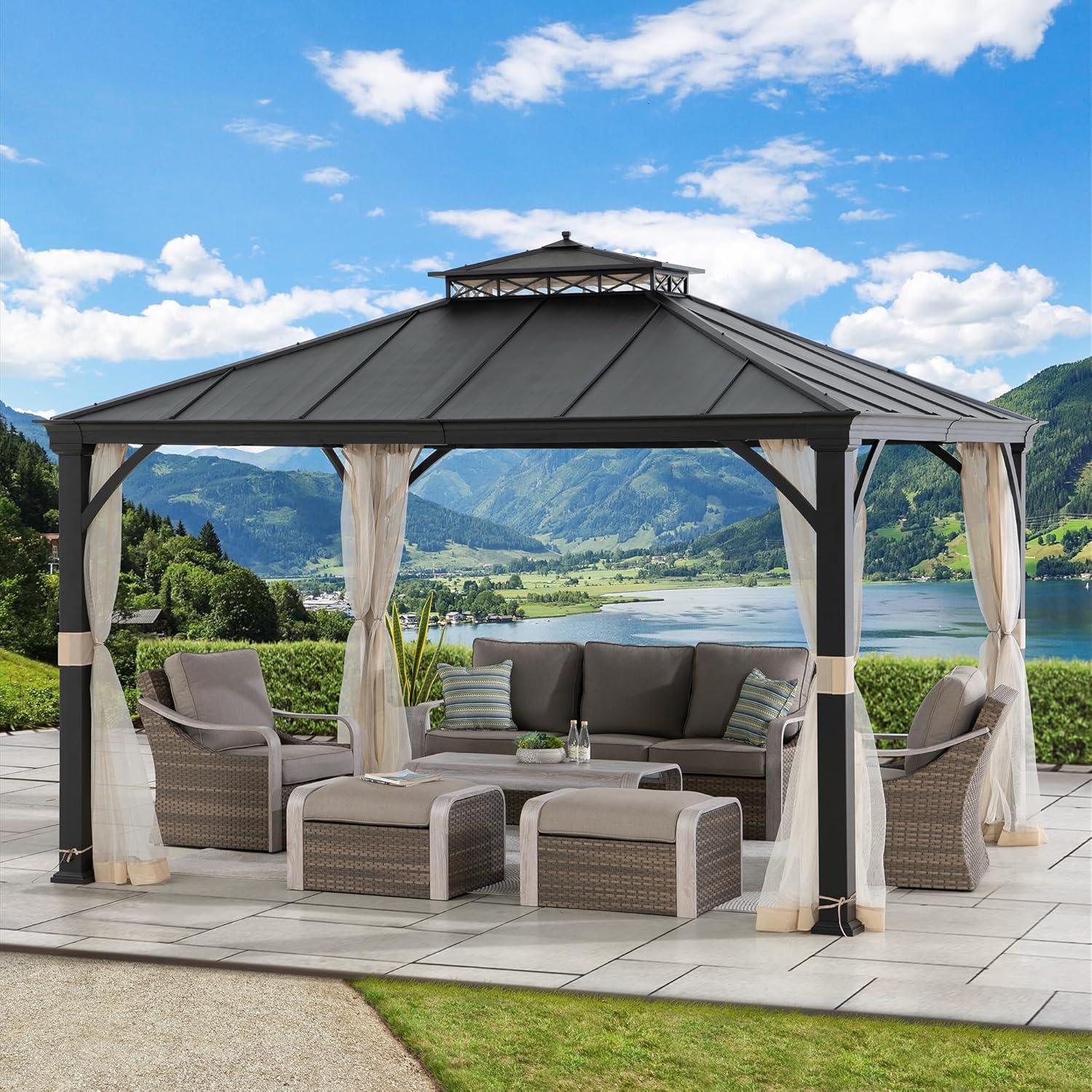 Sunjoy Black Metal 11x13 ft Hardtop Gazebo with Mesh Netting