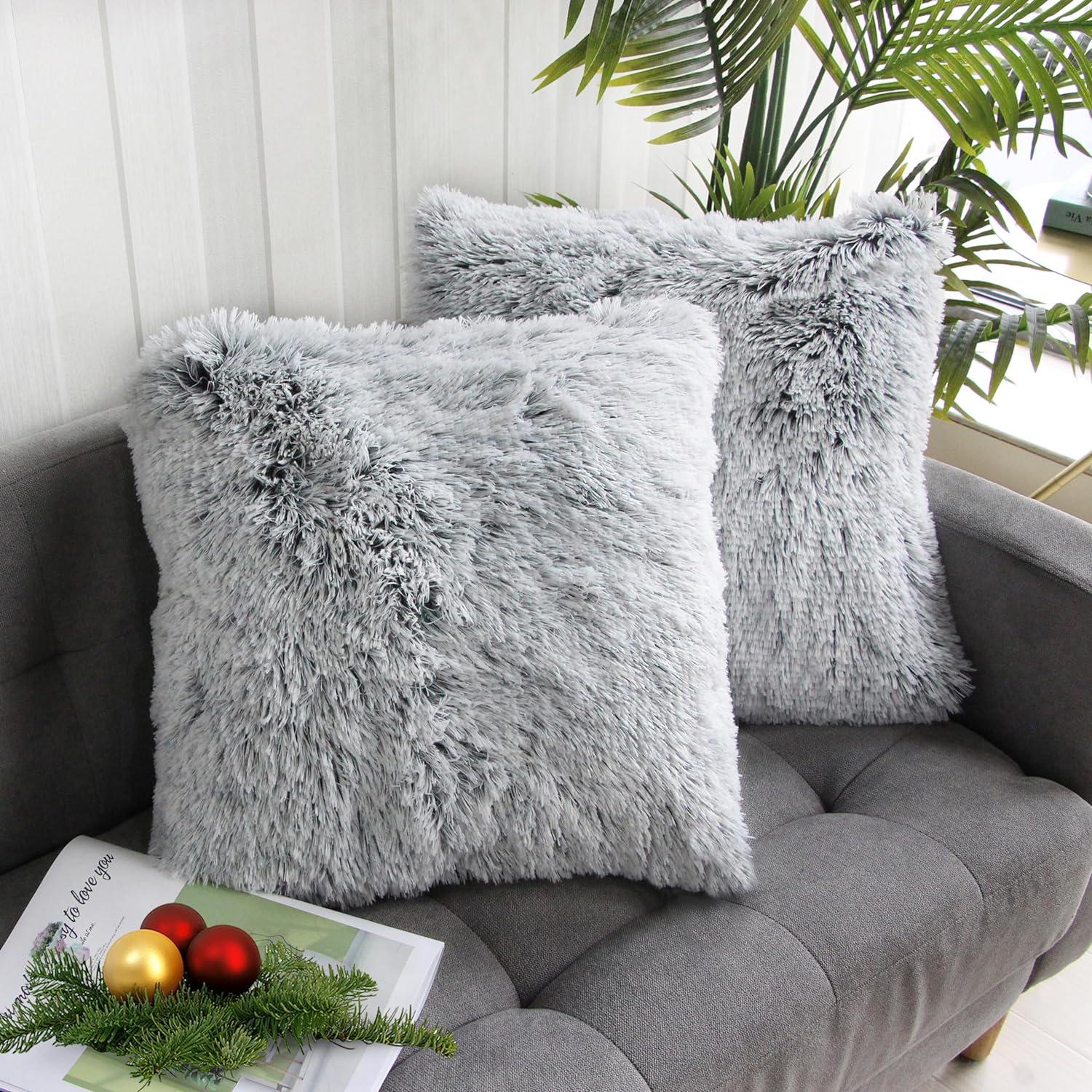 Gray Ombre Faux Fur 18" x 18" Throw Pillow Covers, Set of 2