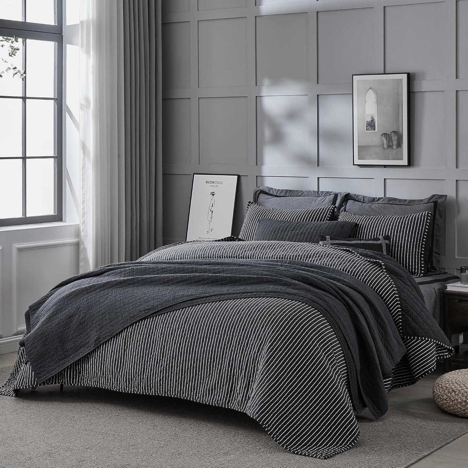 Pinstripe Black Cotton Reversible Full Quilt Set