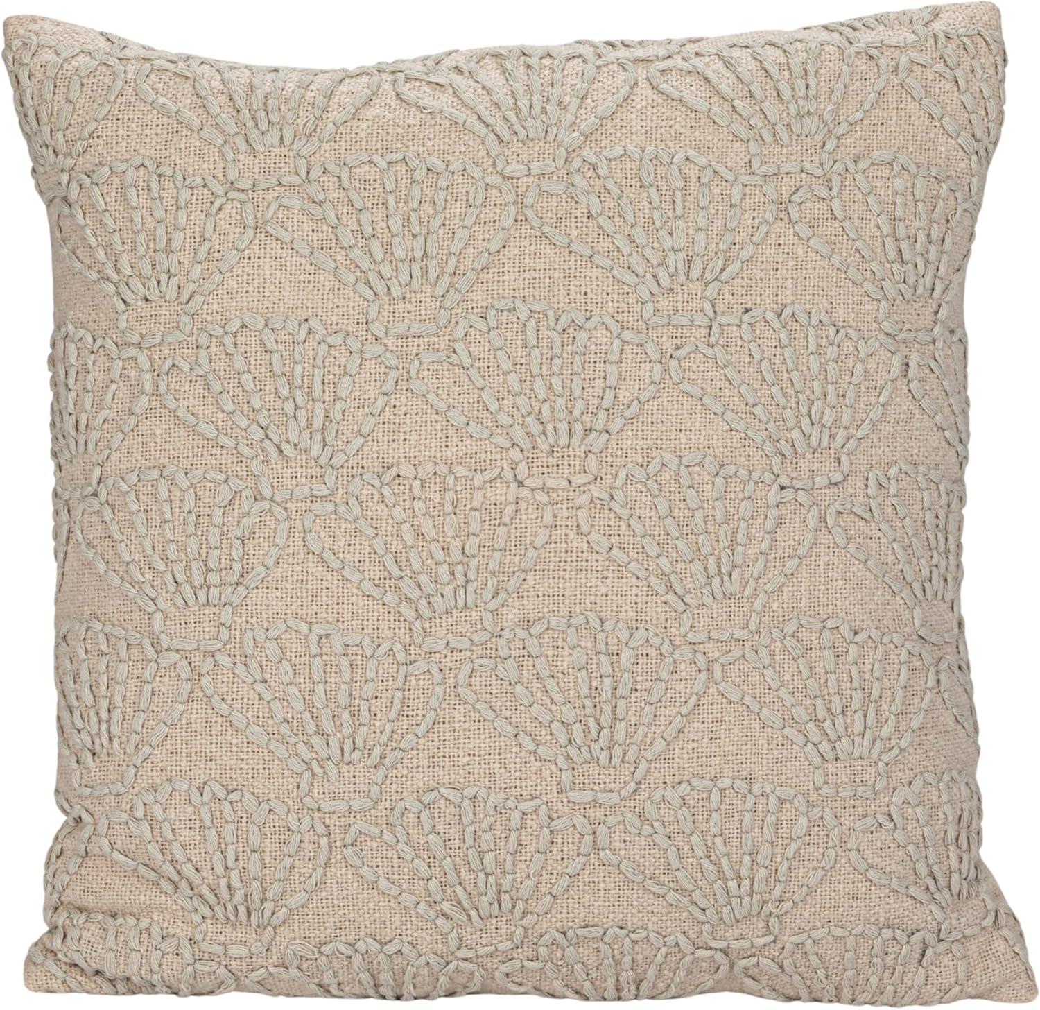 Natural Hand-Embroidered Cotton Linen Seashell Square Pillow