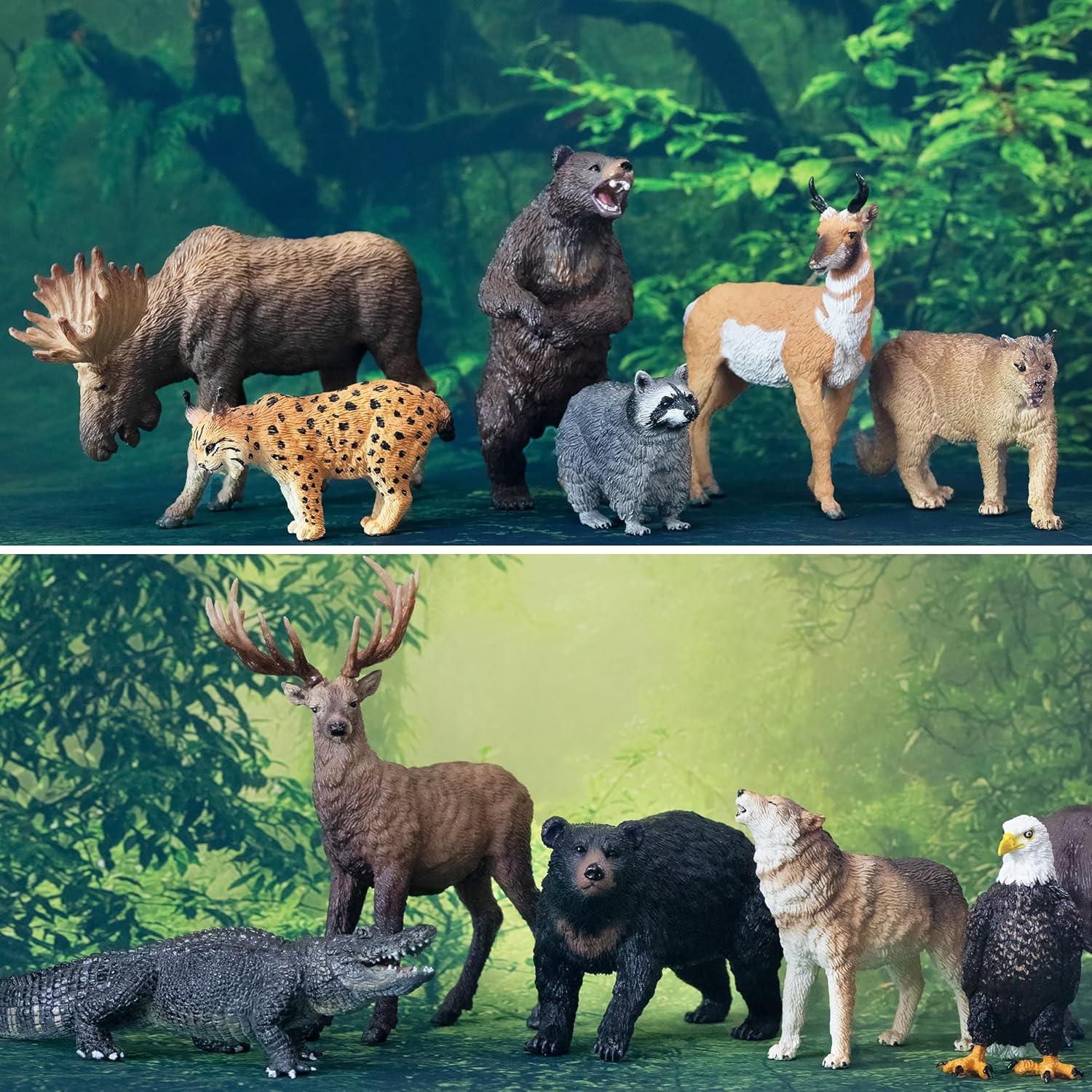 Toymany 12PCS North American Forest Animal Figurines, Realistic Jungle Animal Set Includes Raccoon,Lynx,Wolf,Bear,Eagle, Educational Toy Cake Toppers Christmas Birthday Gift for Kids Toddlers