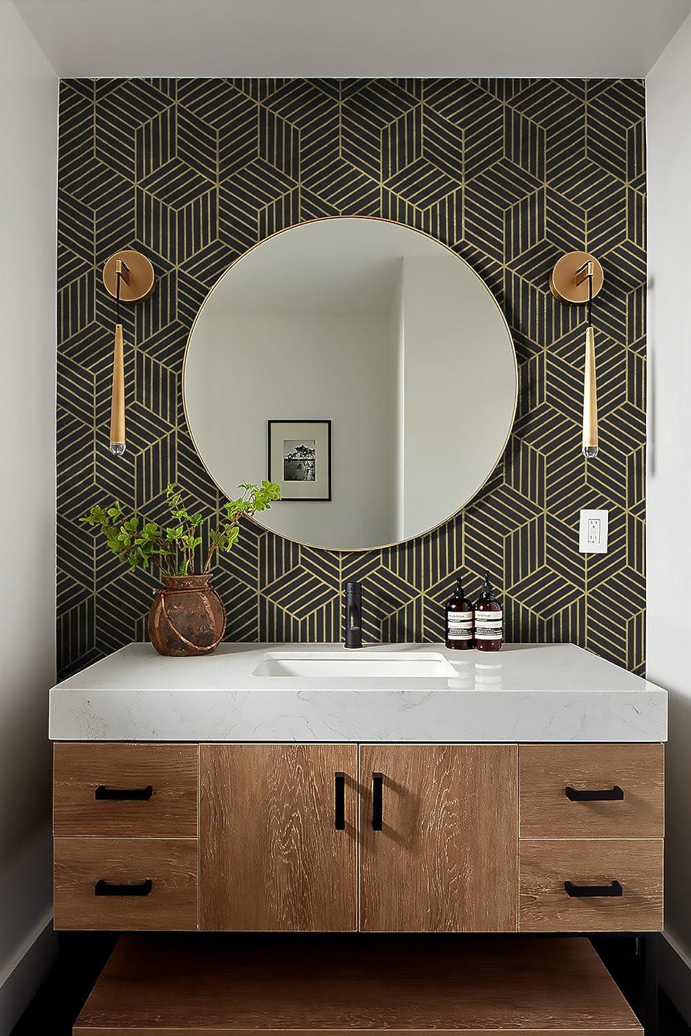 Wallpaper Black And Gold Peel And Stick Wallpaper Geometric Striped Hexagon Wallpaper Removable Self Adhesive Wall Paper Waterproof Vinyl Contact Paper For Cabinets Shelf Drawer 15.7"X78.7"