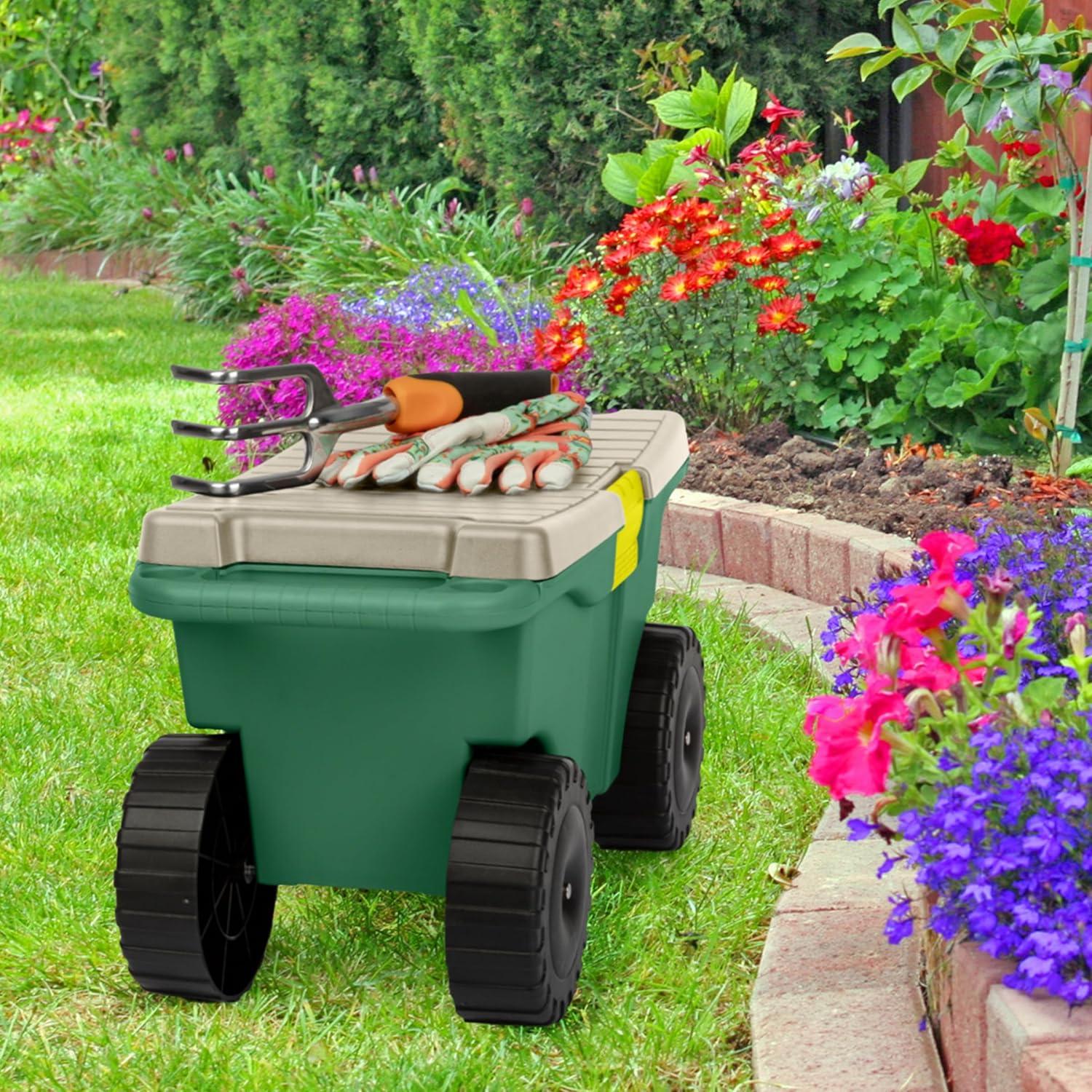 Pure Garden Rolling Garden Cart with Seat - Storage with Tool Tray (Green)