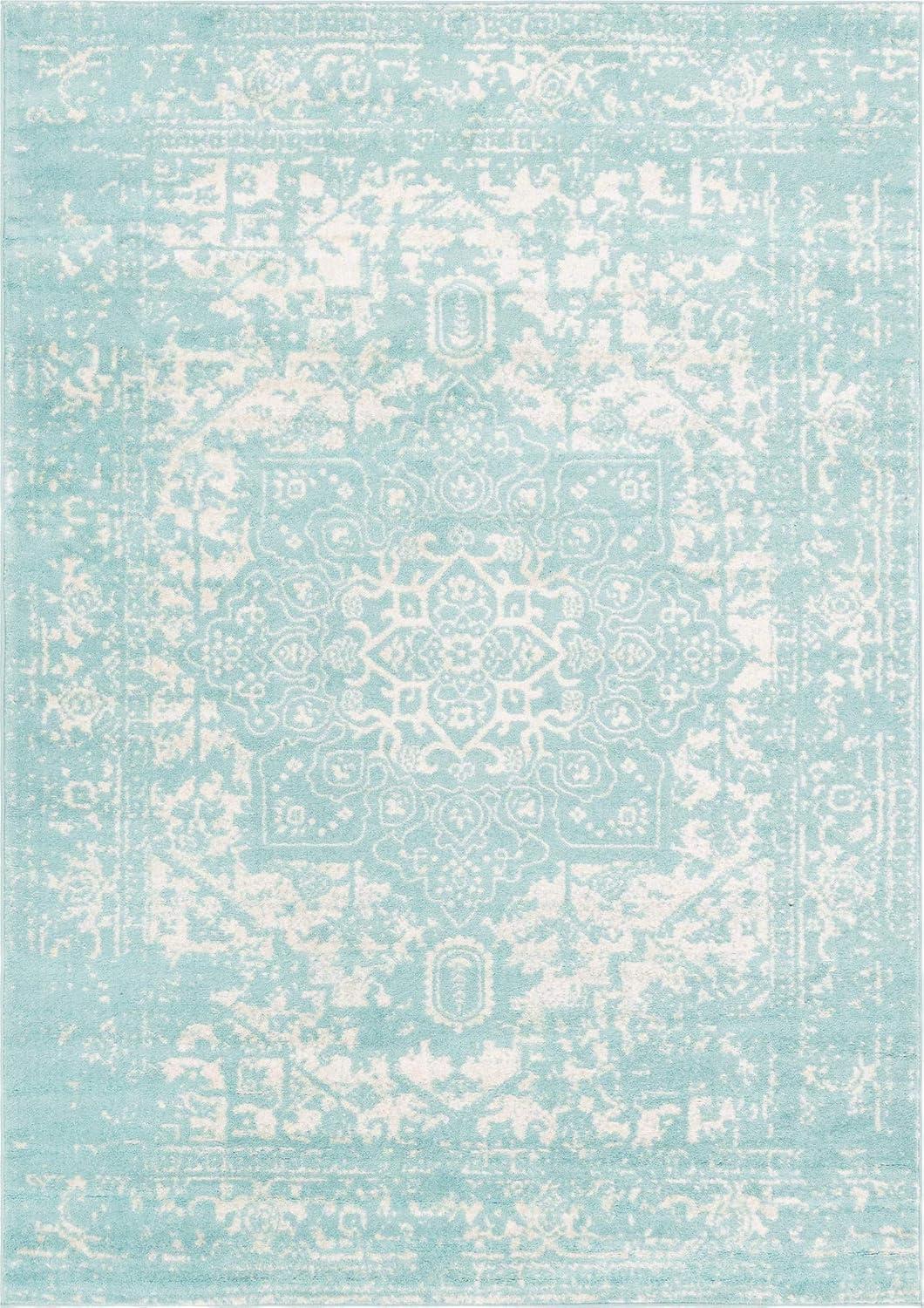 Aqua Medallion Easy-Care Synthetic 7' x 10' Rectangular Rug