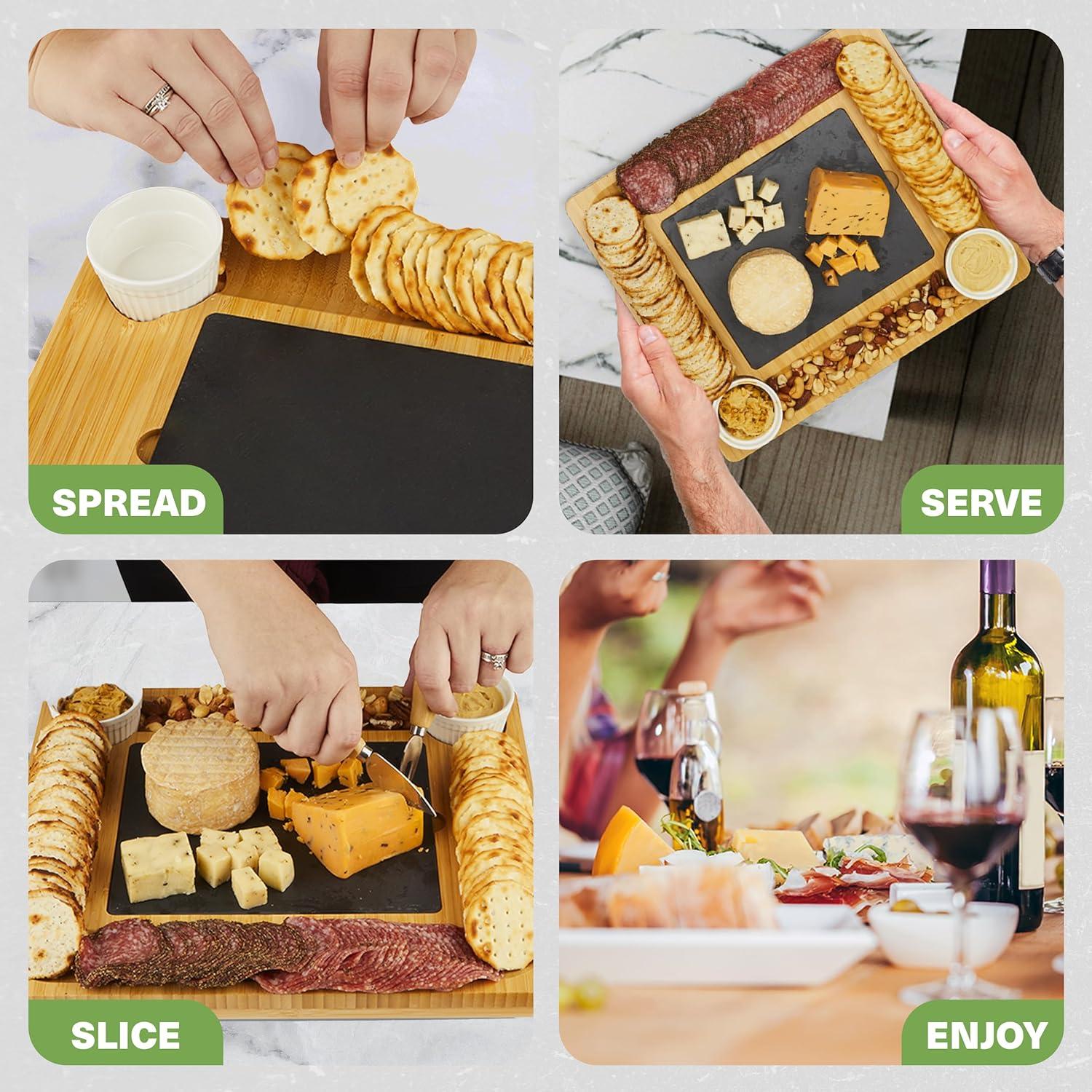 Expandable Bamboo Cheese Board Set with Ceramic Bowls and Utensils