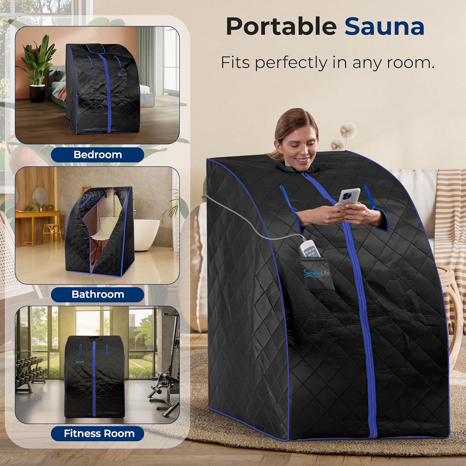 SereneLife SLISAU20BK Oversize Portable Infrared Home Spa One Person Sauna with Heating Foot Pad & Portable Chair