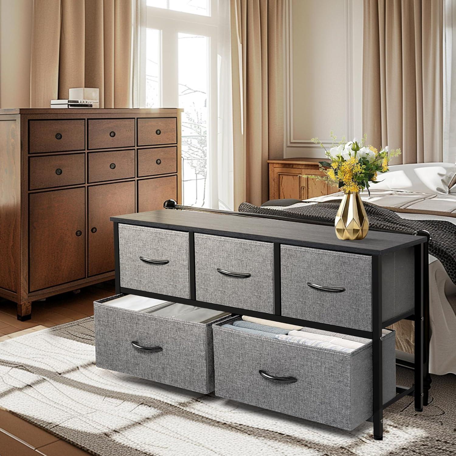 HomGarden Modern 5-Drawer Storage Dresser Adult Wide Chest of Drawer Organizer Steel Frame Gray