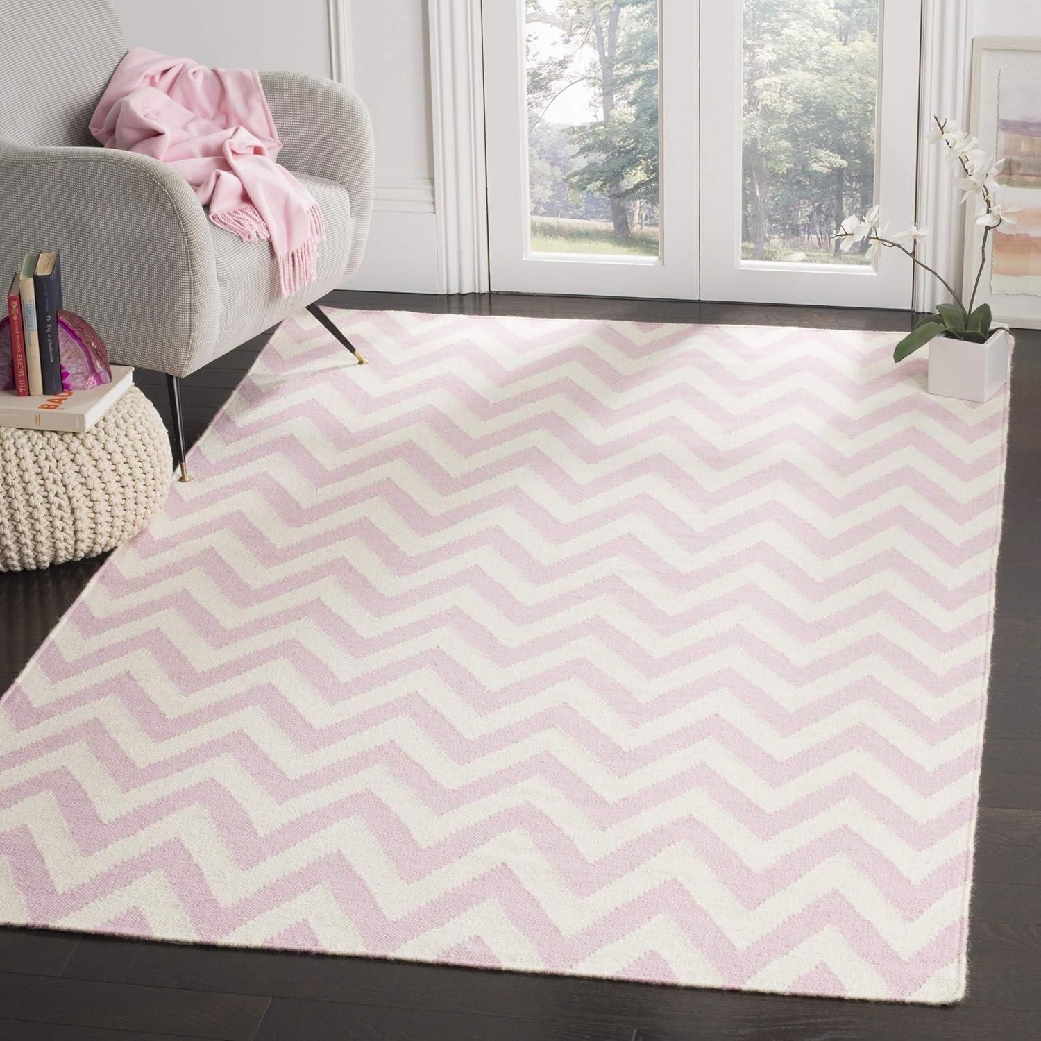 SAFAVIEH Dhurrie Bentley Chevron Zigzag Wool Area Rug, Pink/Ivory, 6' x 6' Square