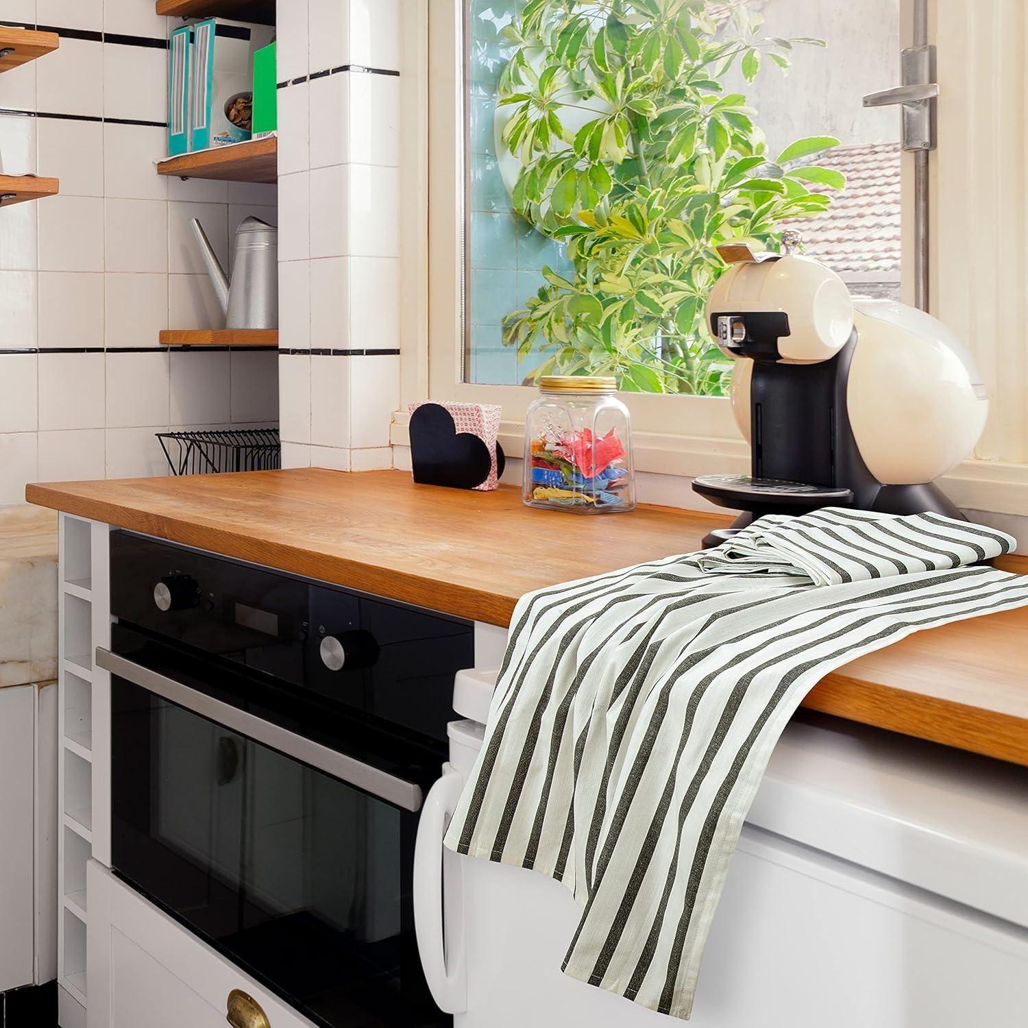 Royale Kitchen Towel 4 Pack - 100% Cotton Kitchen Dish Towel - Tea Towels - Reusable Cleaning Cloths - Highly Absorbent Bar Towel - Large Dish Towels - Wiping Cloth - (15X25 Inch, Black Stripe)