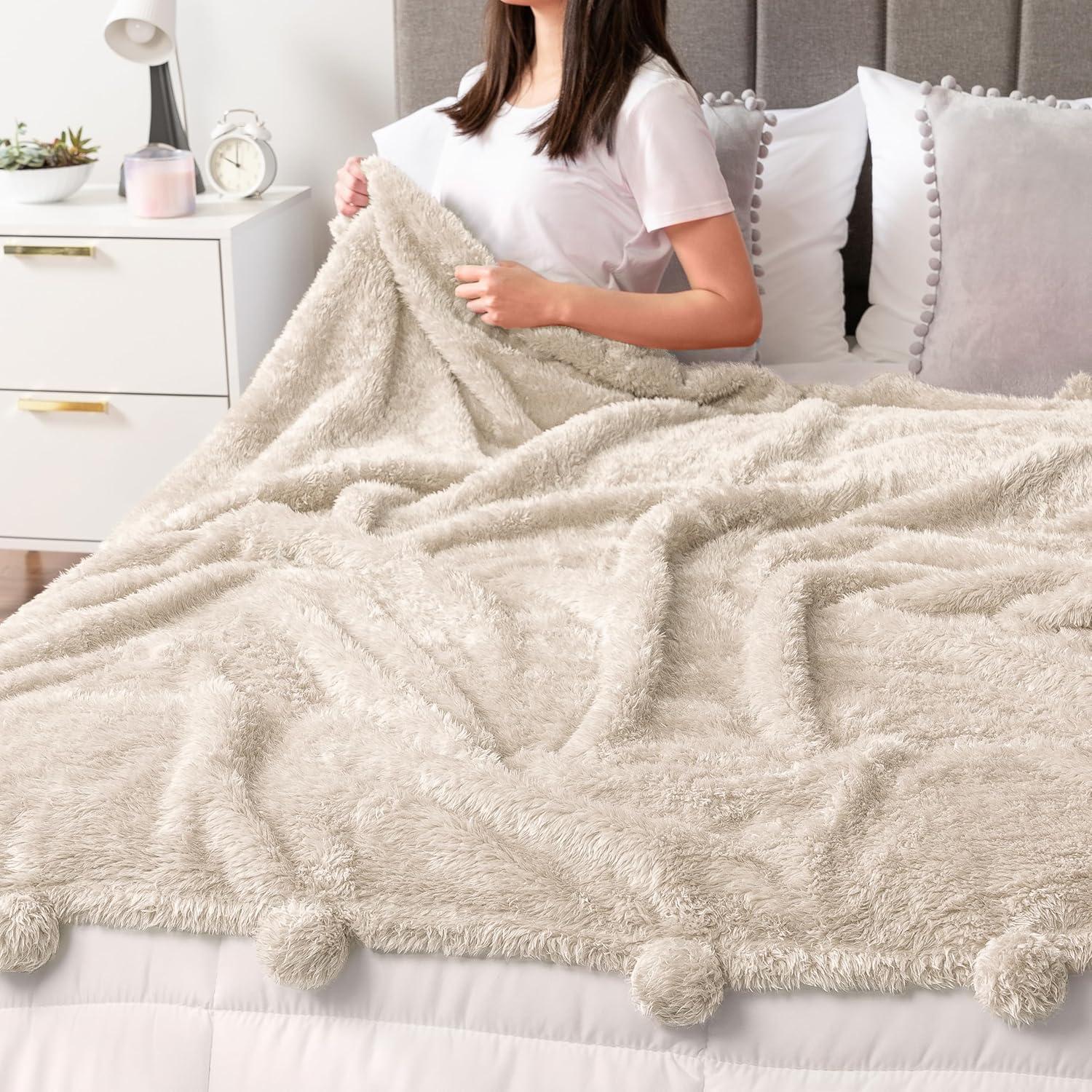 Ivory Cream Sherpa Fleece Throw Blanket with Pom Poms