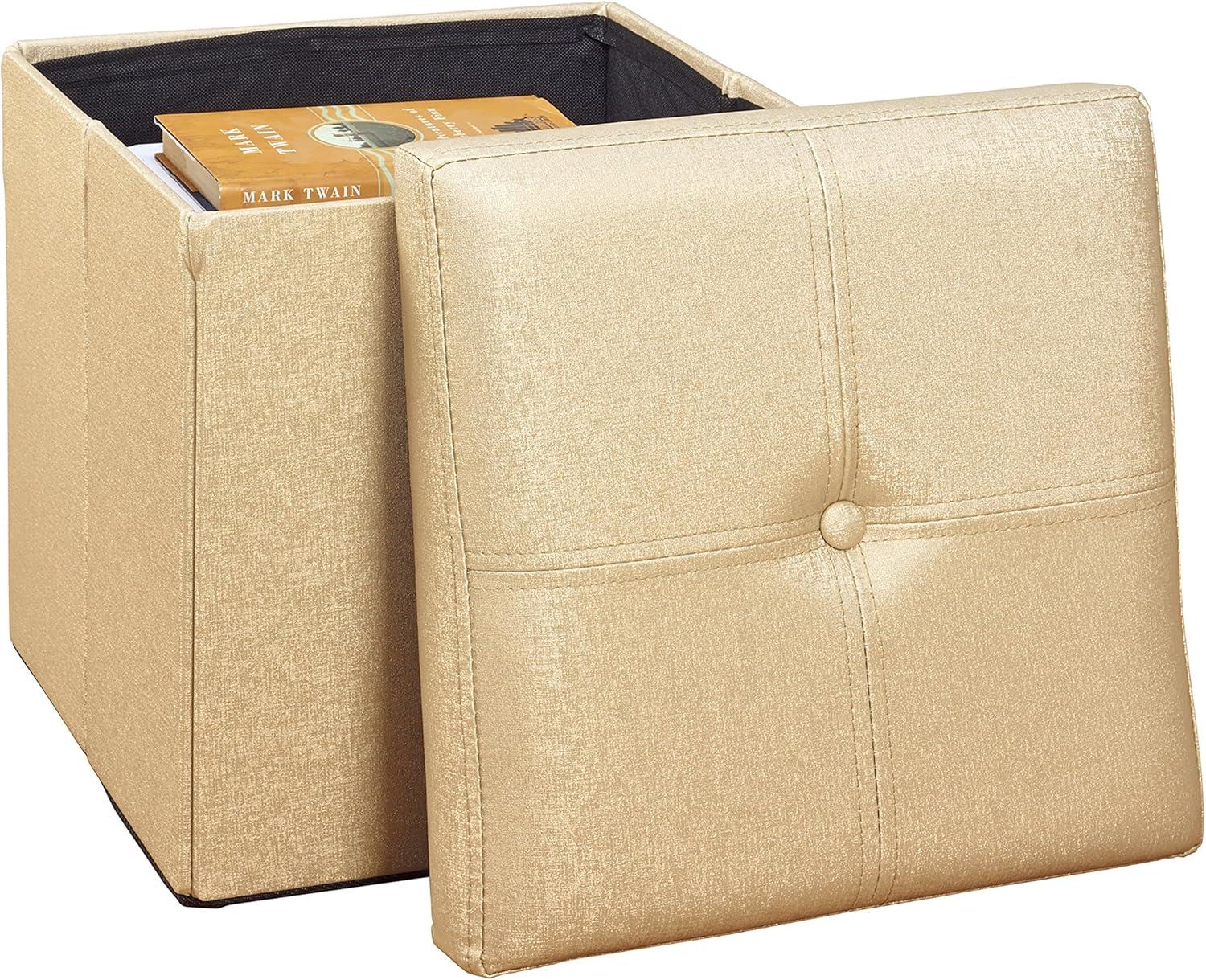 Simplify Faux Leather Folding Storage Ottoman Cube (F-0646-MET-GOLD)