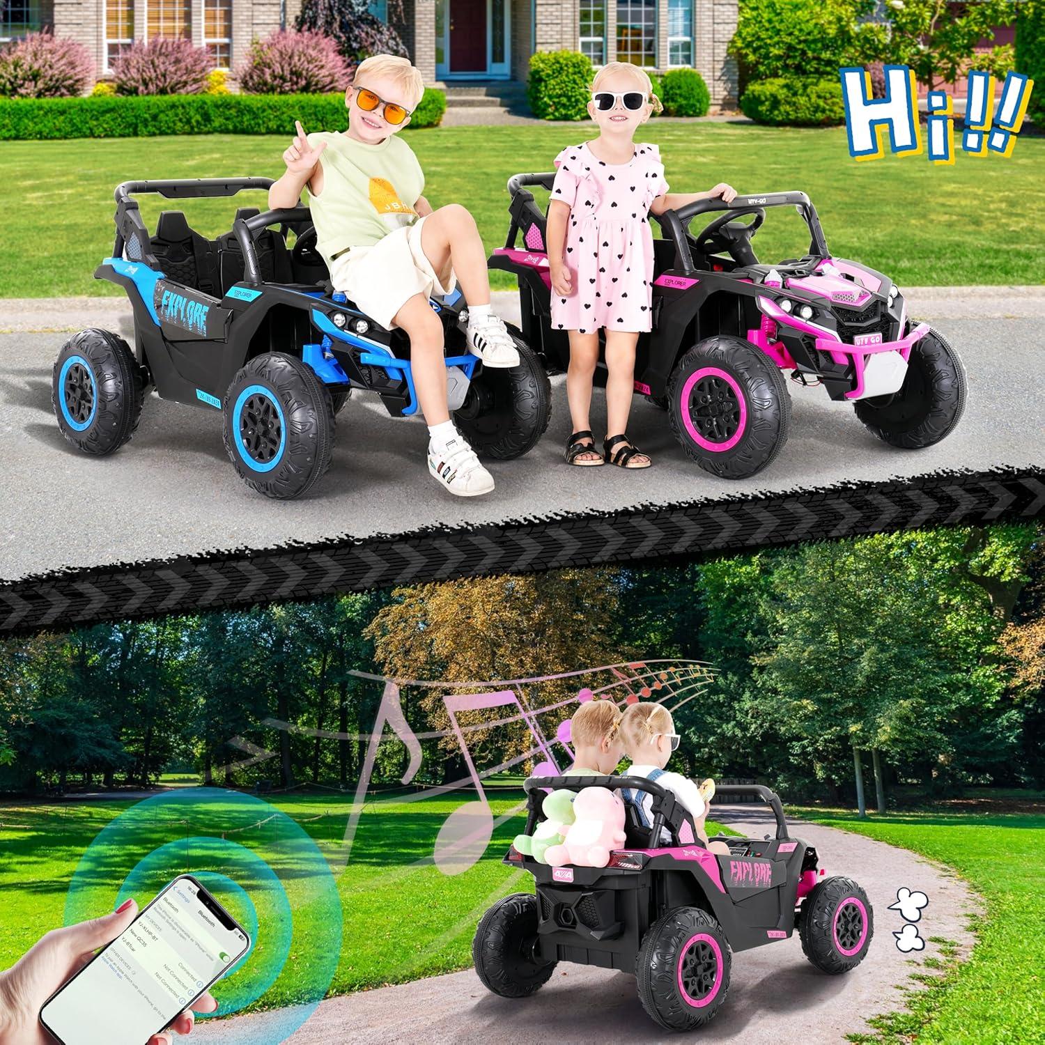 Yisufo 24V Kids Ride on Toys UTV with Remote Control,4WD 2 Seater Ride on Truck Car,7Ah Large Battery Electric Car with 3 Speed, LED Lights, Music for 3-8 Years Kids Pink