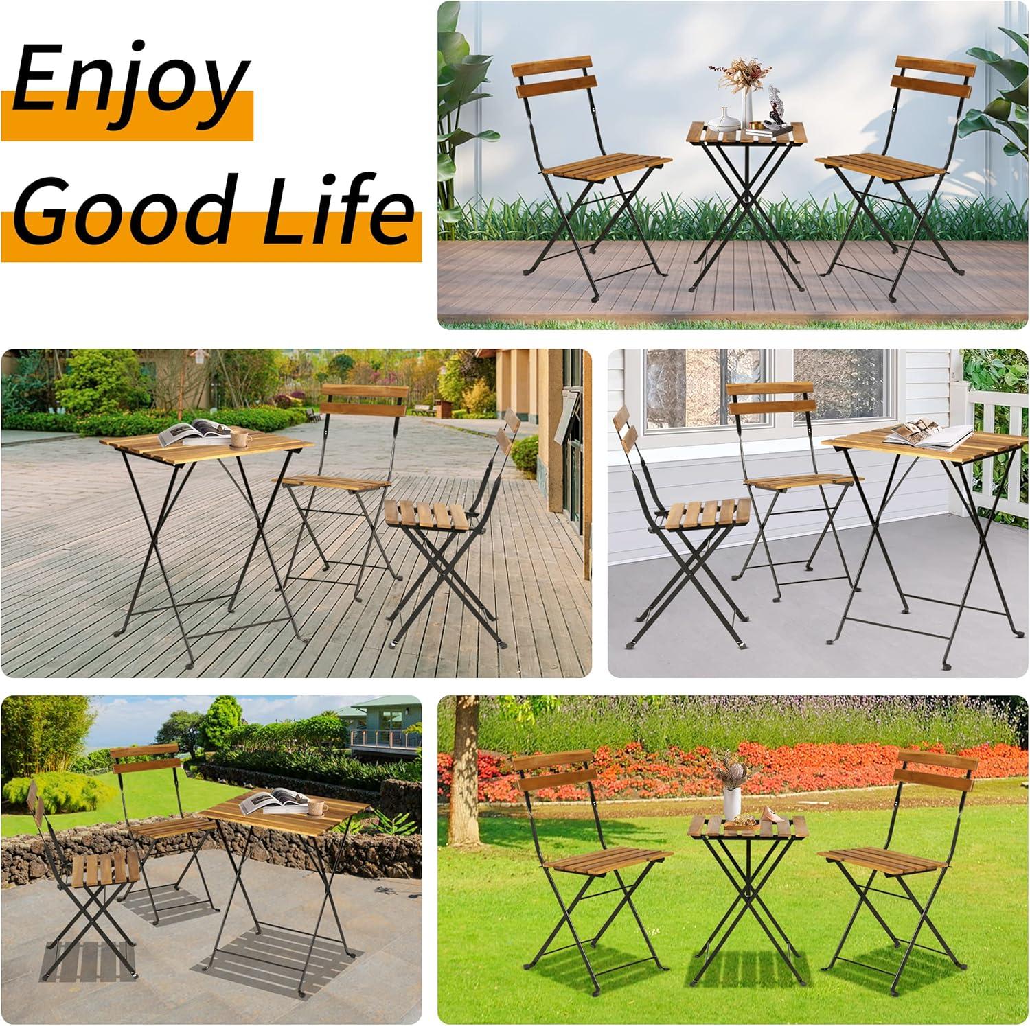 BestMassage 3 Piece Bistro Set Folding Chairs Table with Weather-Resistant Wood, Natural