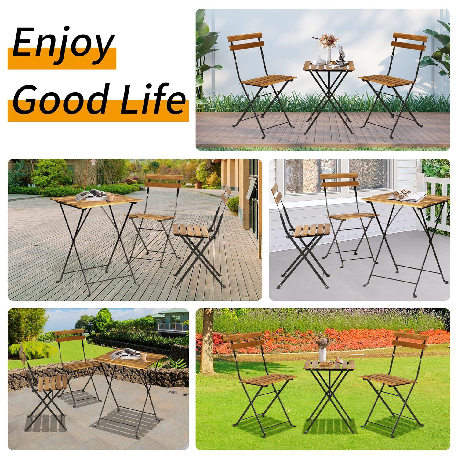 BestMassage 3 Piece Bistro Set Folding Chairs Table with Weather-Resistant Wood, Natural