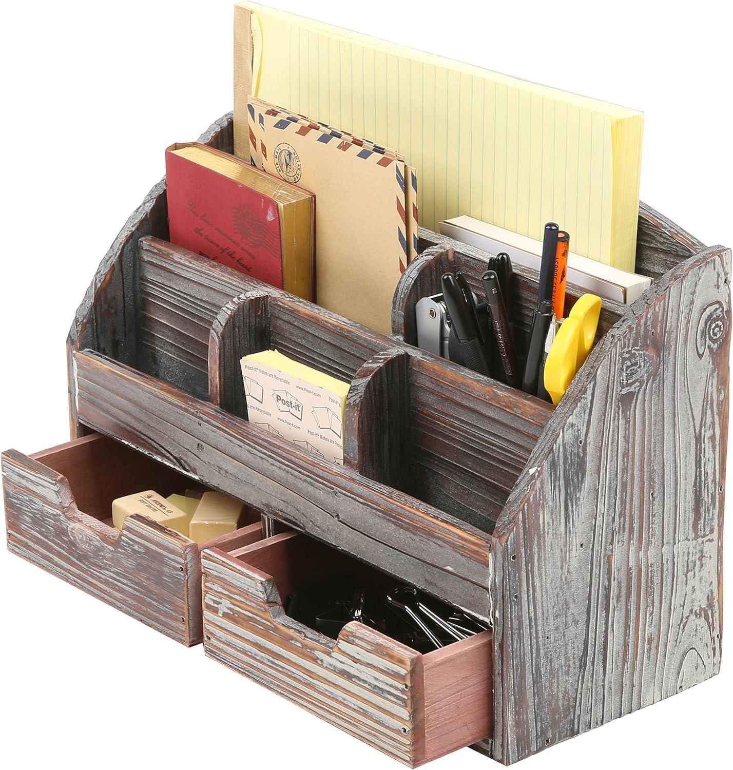 MyGift 6-Compartment Distressed Torched Wood Desk Organizer Supplies Rack