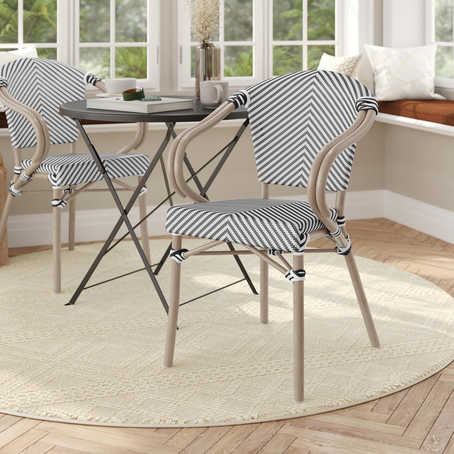 Flash Furniture Marseille Indoor/Outdoor Commercial Bistro Stacking Chair with Arms, Black/White Textilene & Bamboo Print Aluminum Frame in LT Natural