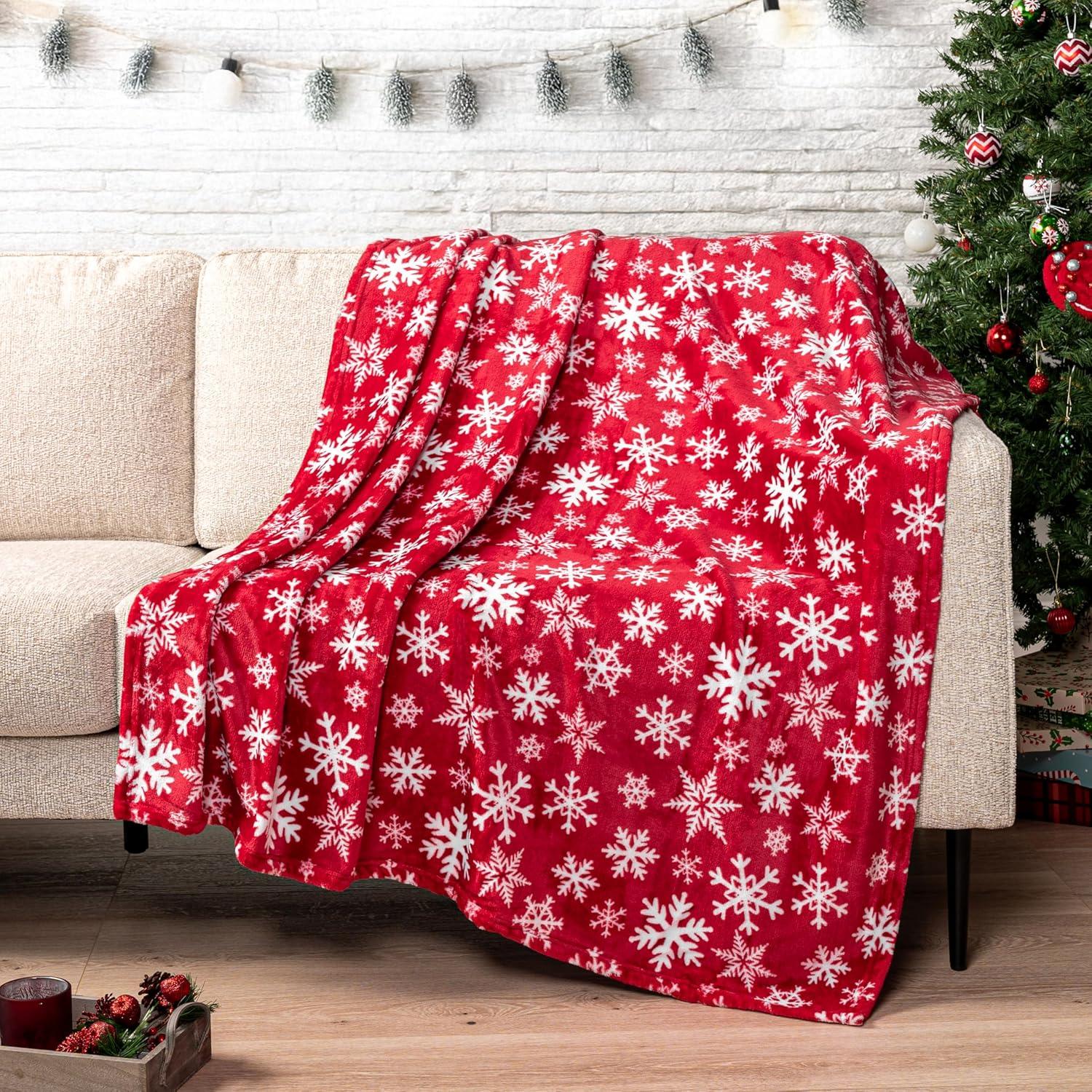 PAVILIA Holiday Festival Christmas Throw Blanket for Couch Bed Sofa, 50x60 (Snowflake Red)