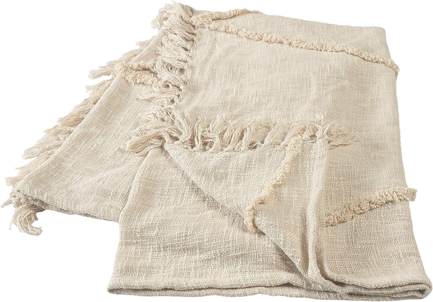 Birch & Cream Handwoven Cotton Throw Blanket with Fringe Accents