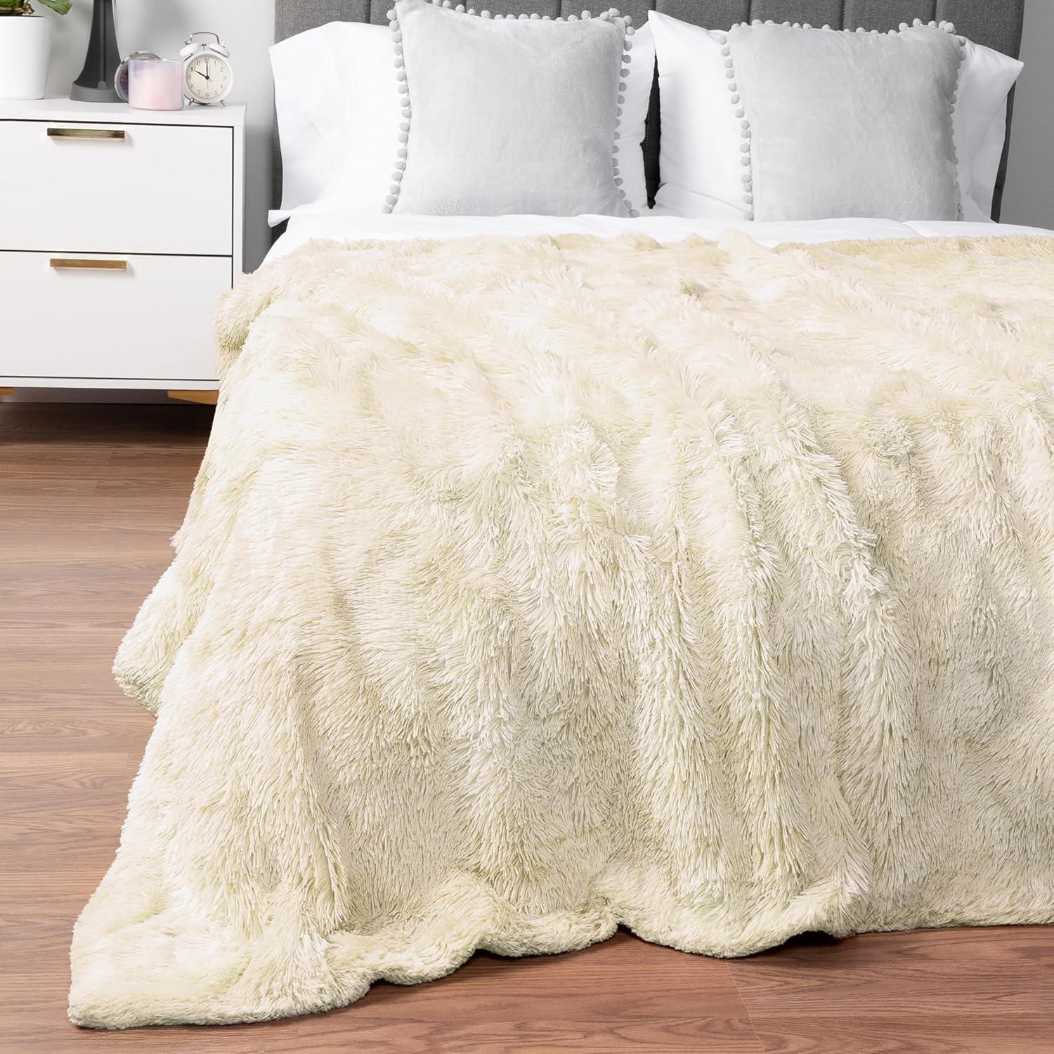 PAVILIA Fluffy Faux Fur Reversible Throw Blanket for Bed, Sofa, and Couch