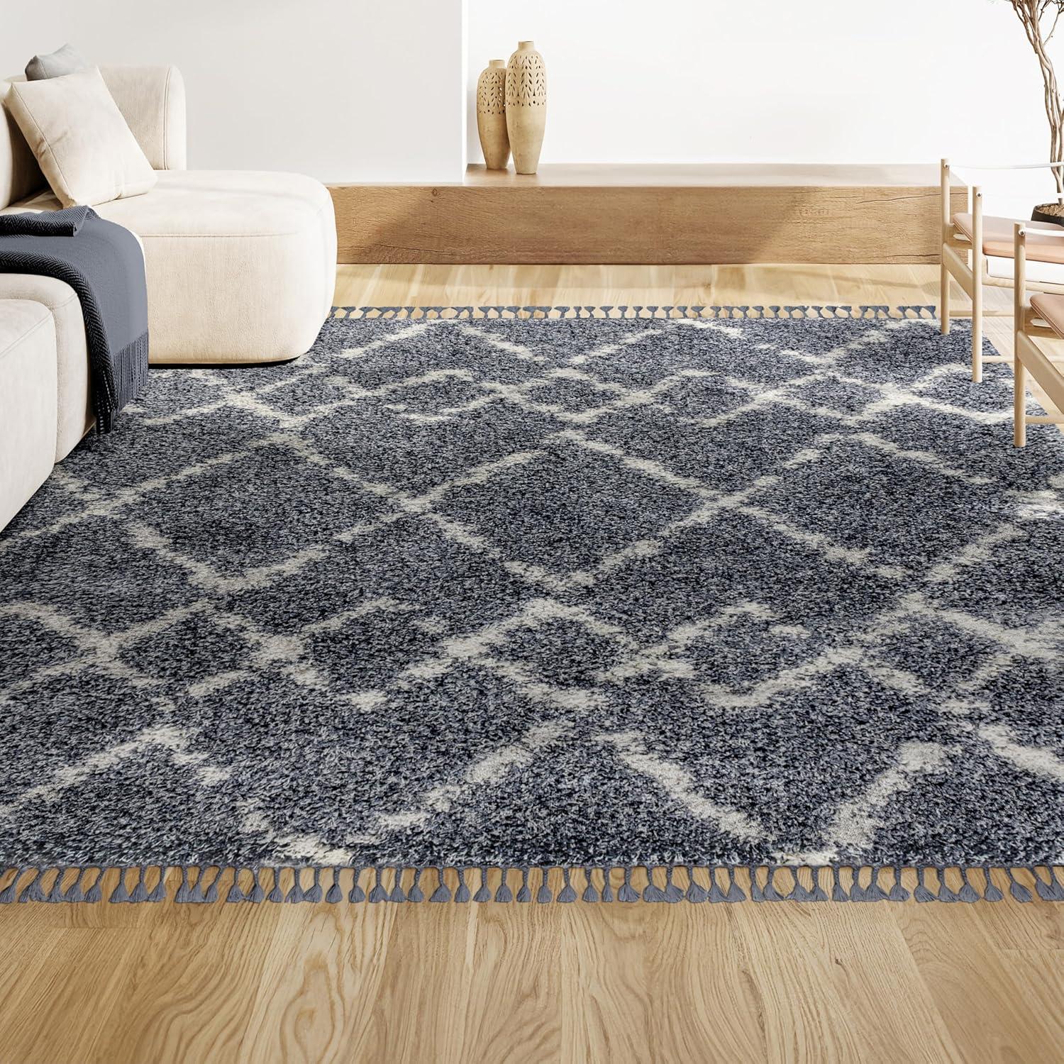 3'x5' Mercer Shag Plush Tassel Moroccan Geometric Trellis Area Rug, Denim/Cream - JONATHAN Y
