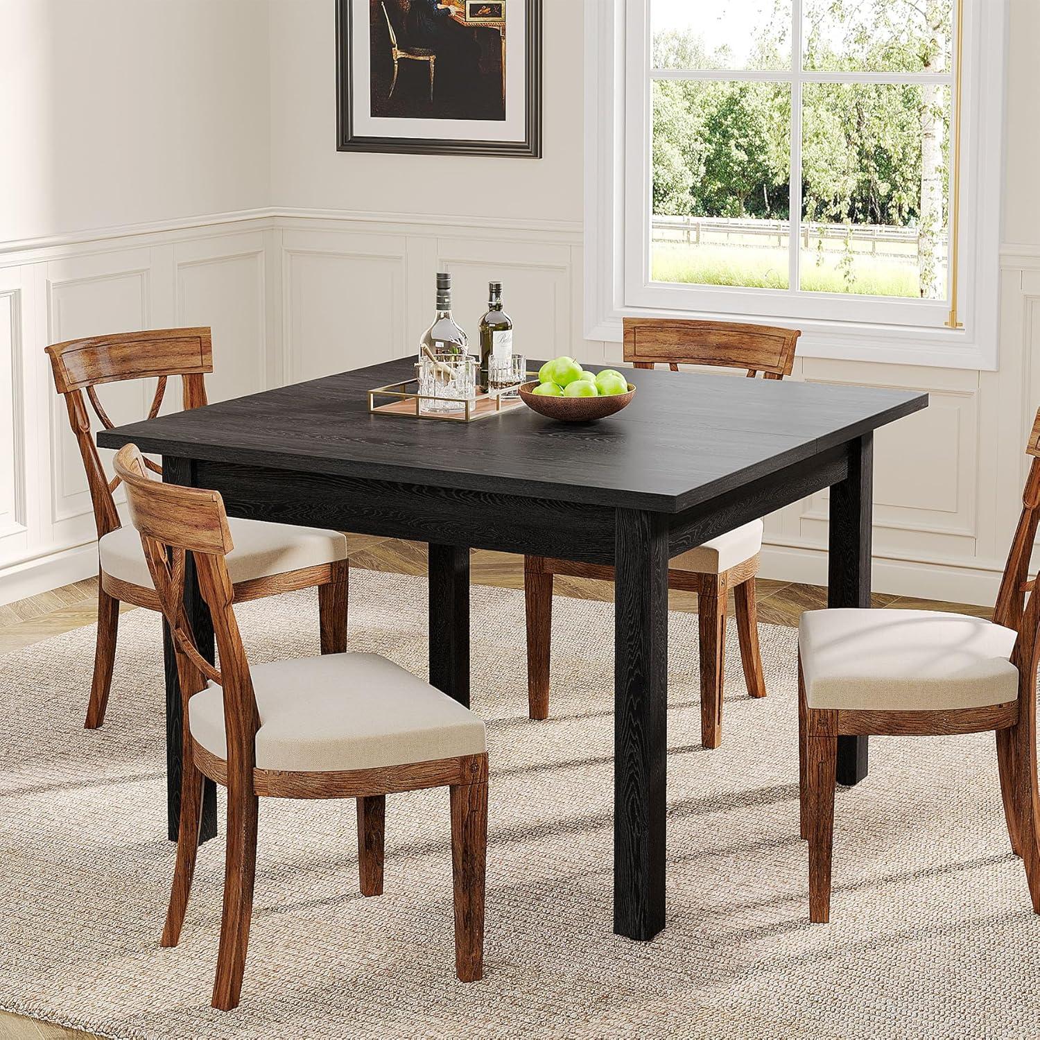 Pure Black Square Dining Table with Solid Wood Legs