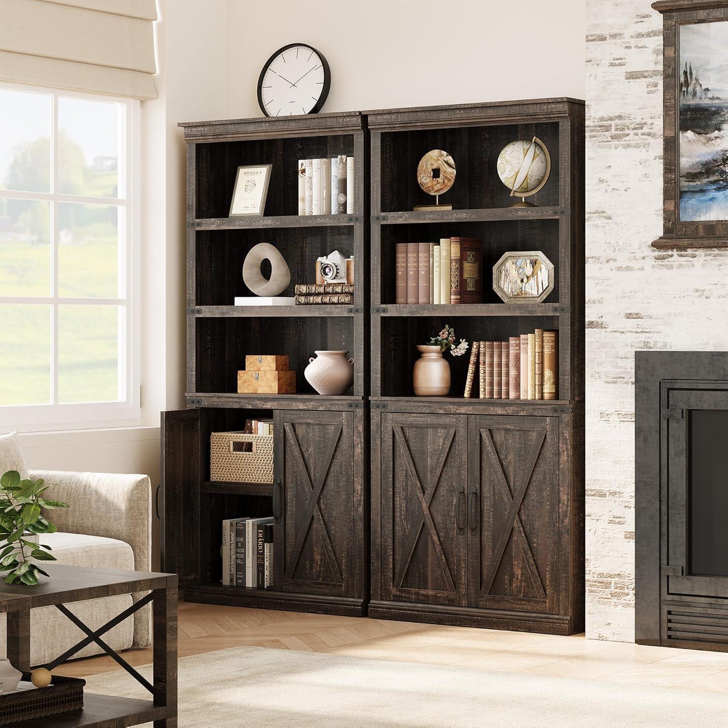 5-Tier Wooden Bookshelves with Cabinet Doors and Bookcases with Doors Floor Bookshelves and Office Storage Cabinets