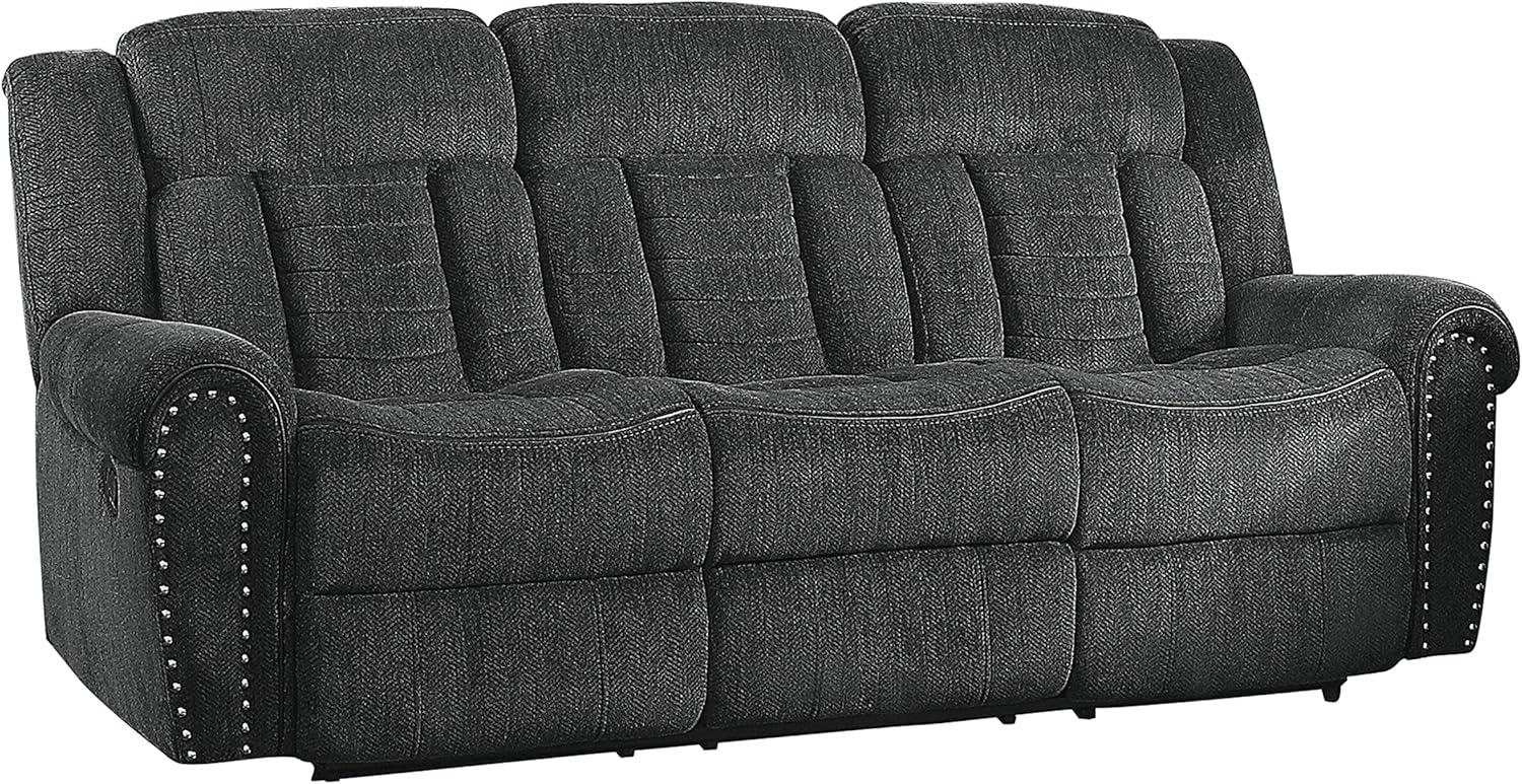 Transitional Charcoal Gray Fabric Reclining Sofa with Nailhead Accents