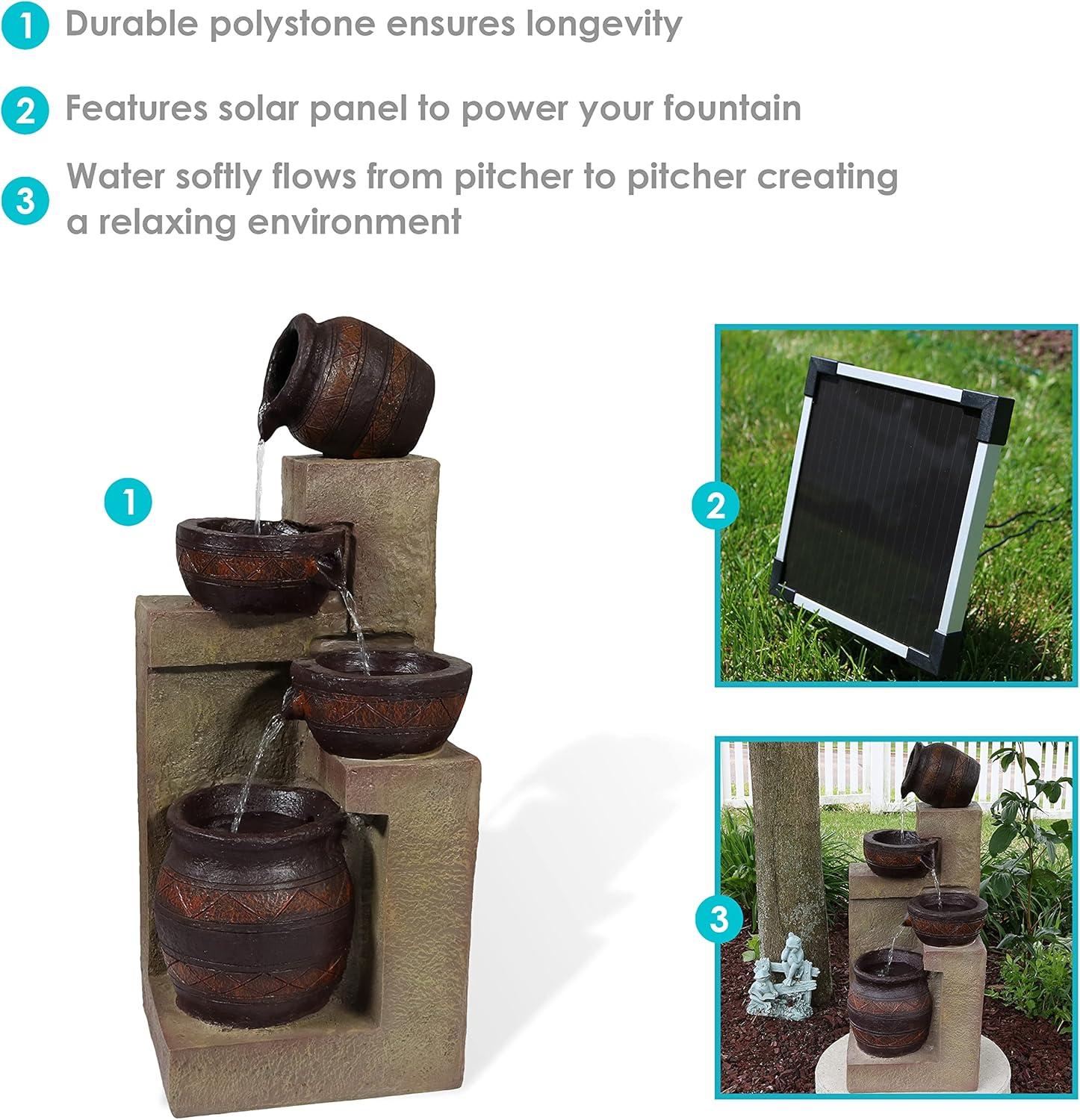 Sunnydaze Outdoor Solar Powered Cascading Terra Bowls Water Fountain with Battery Backup and LED Light - 30"