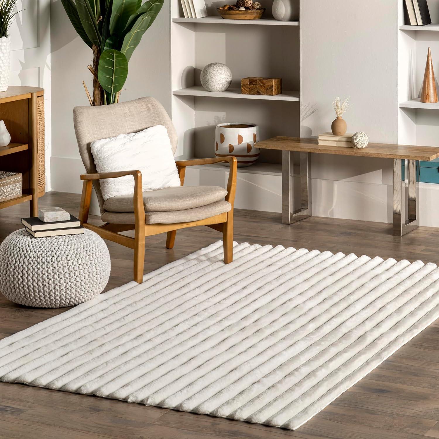 Nuloom Kai Cozy Plush Stripe Faux Rabbit Pet Friendly Premium Machine Washable Area Rug, 5' x 8', Off White
