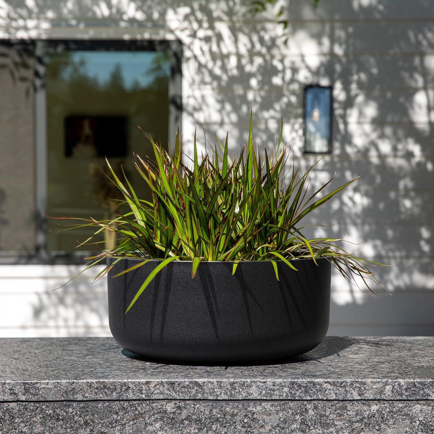 Kona Series 14" Black Plastic-Stone Bowl Planter for Indoors & Outdoors