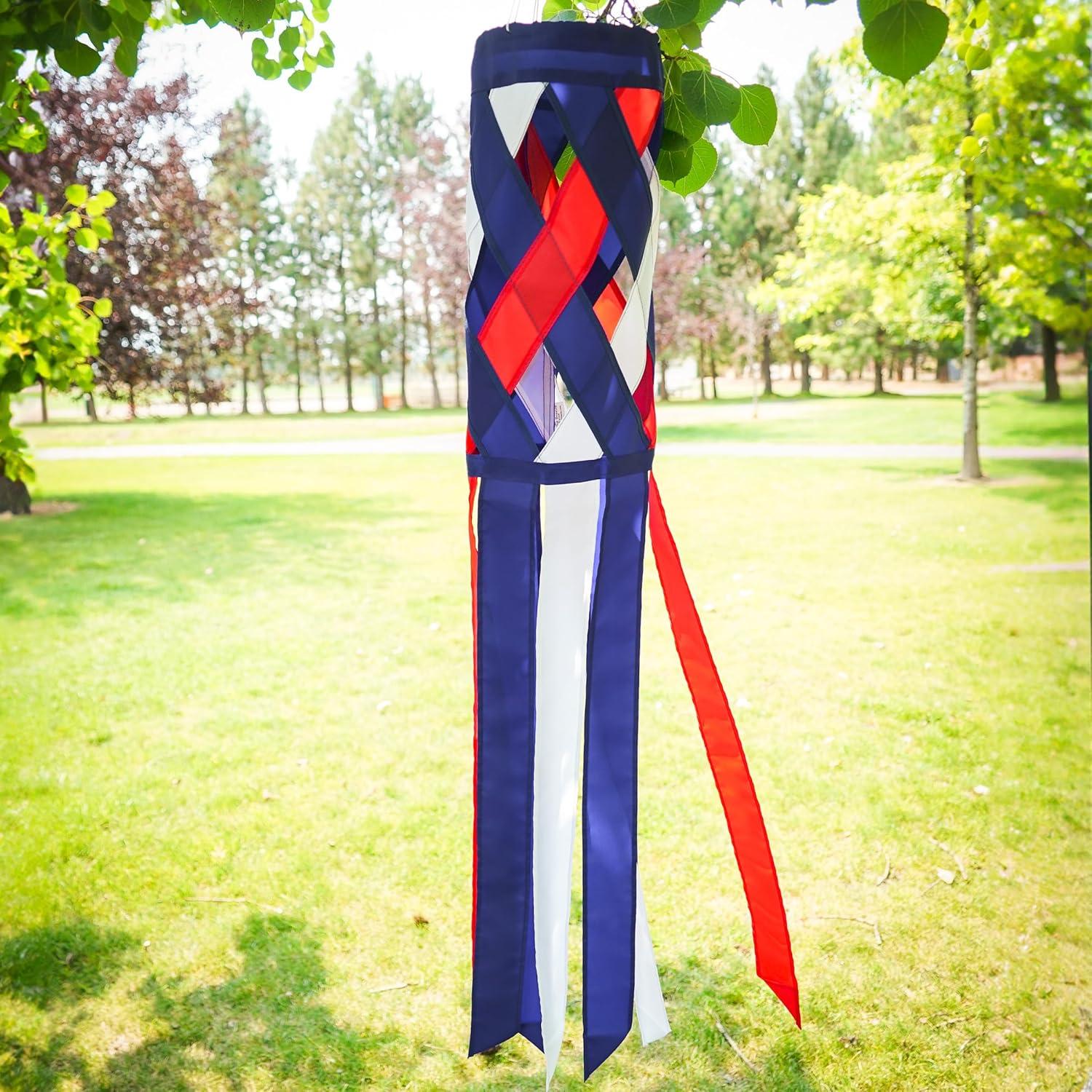 In the Breeze 5217 — Red, White & Blue Diagonal Weave 40" Windsock — Patriotic Lattice Windsock with Color-Coordinated Tails, Fourth of July Decoration