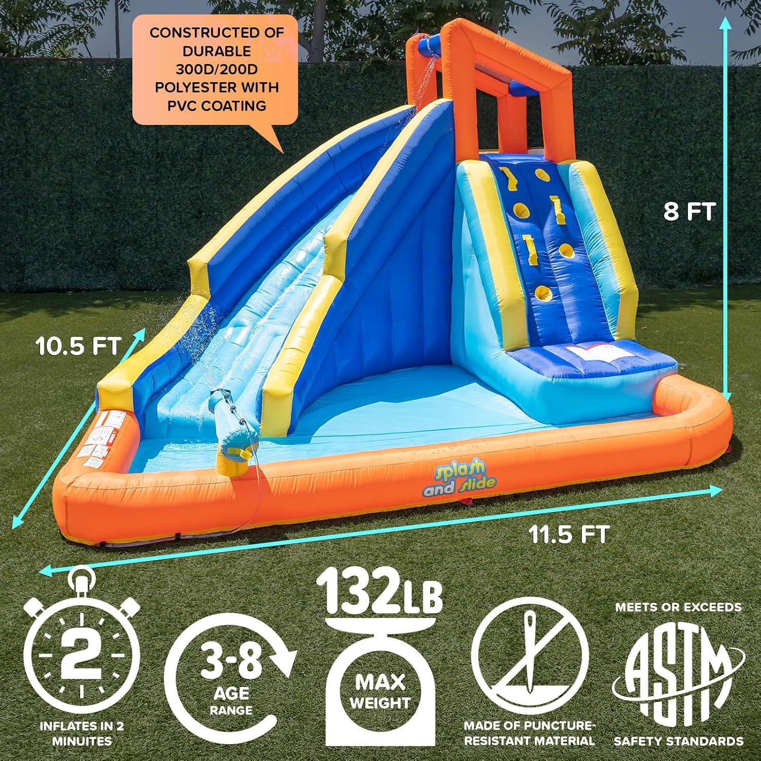 Sportspower™ Big Wave II Inflatable Water Slide with Climbing Wall & Splash Pool, Ages 3-8, Heavy Duty, ASTM Certified, Lifetime Warranty on Included Blower