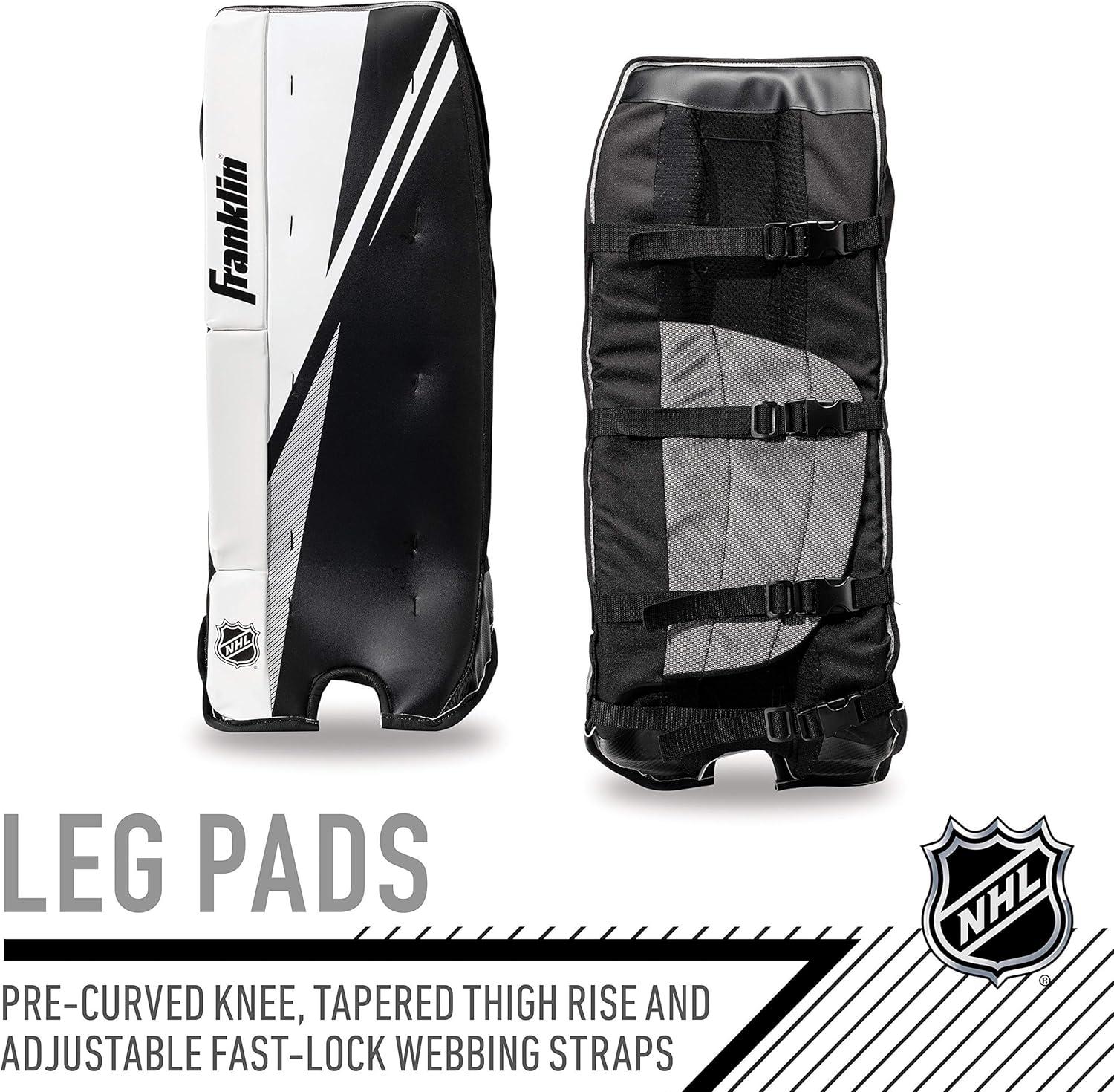 Franklin Sports Street Hockey Goalie Equipment Set - NHL Youth Street Hockey Goalie Pads - Leg Pads, Catch Glove, and Blocker - Youth Goalie Gear Black, 12"